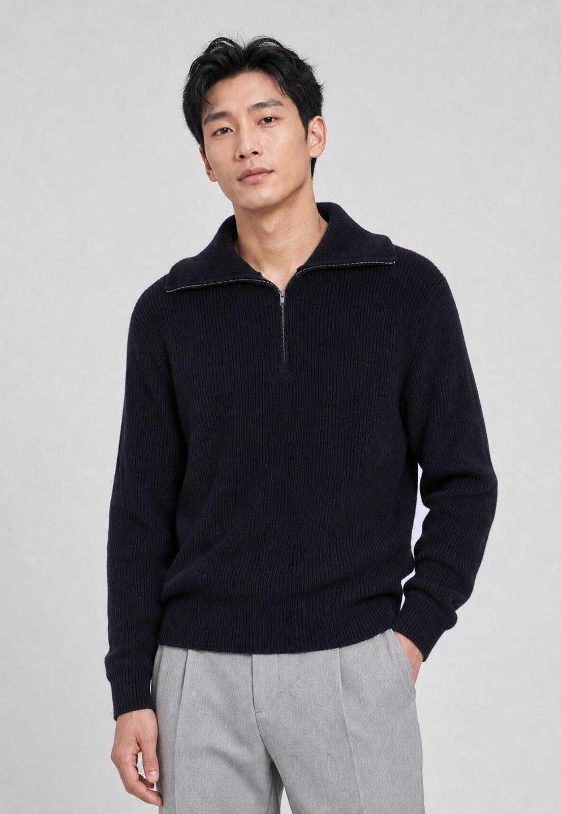 Suéter Masculino Mango Gola Alta Zíper Azul-Marinho