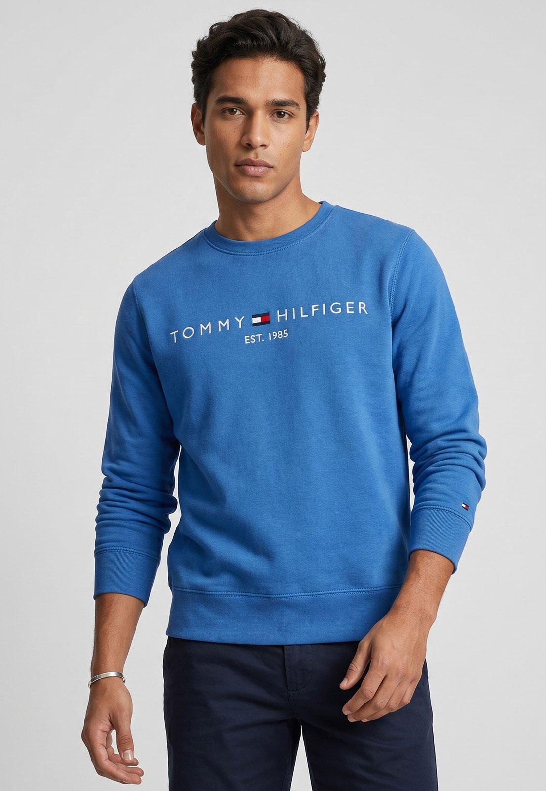 Blusa de Moletom Masculina Tommy Hilfiger Logo Azul