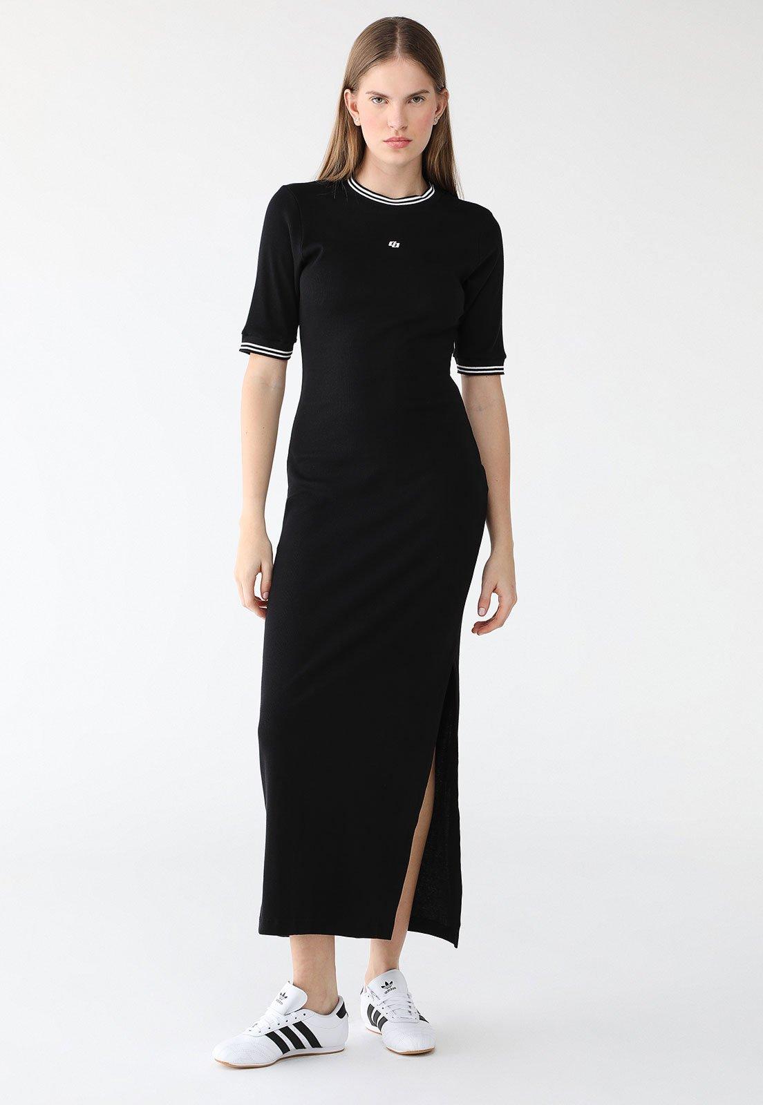 Vestido Canelado Colcci Midi Logo Preto