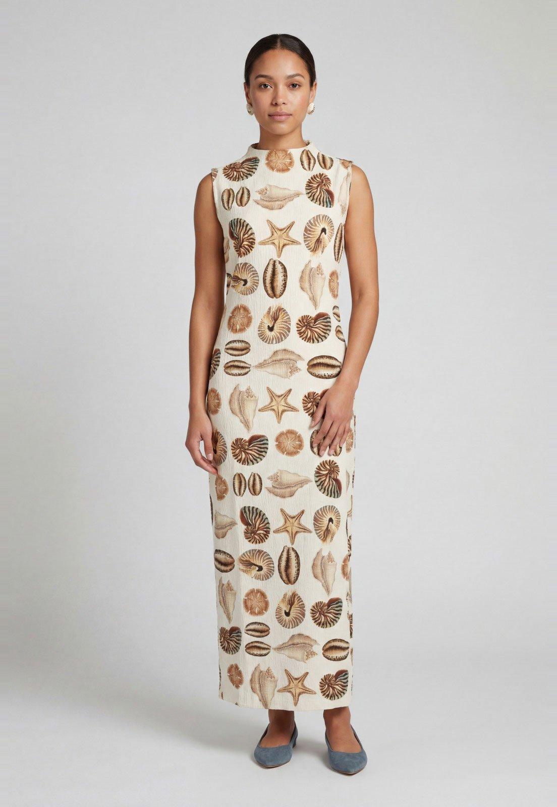 Vestido Longo FARM Estampa Conchas Off-White