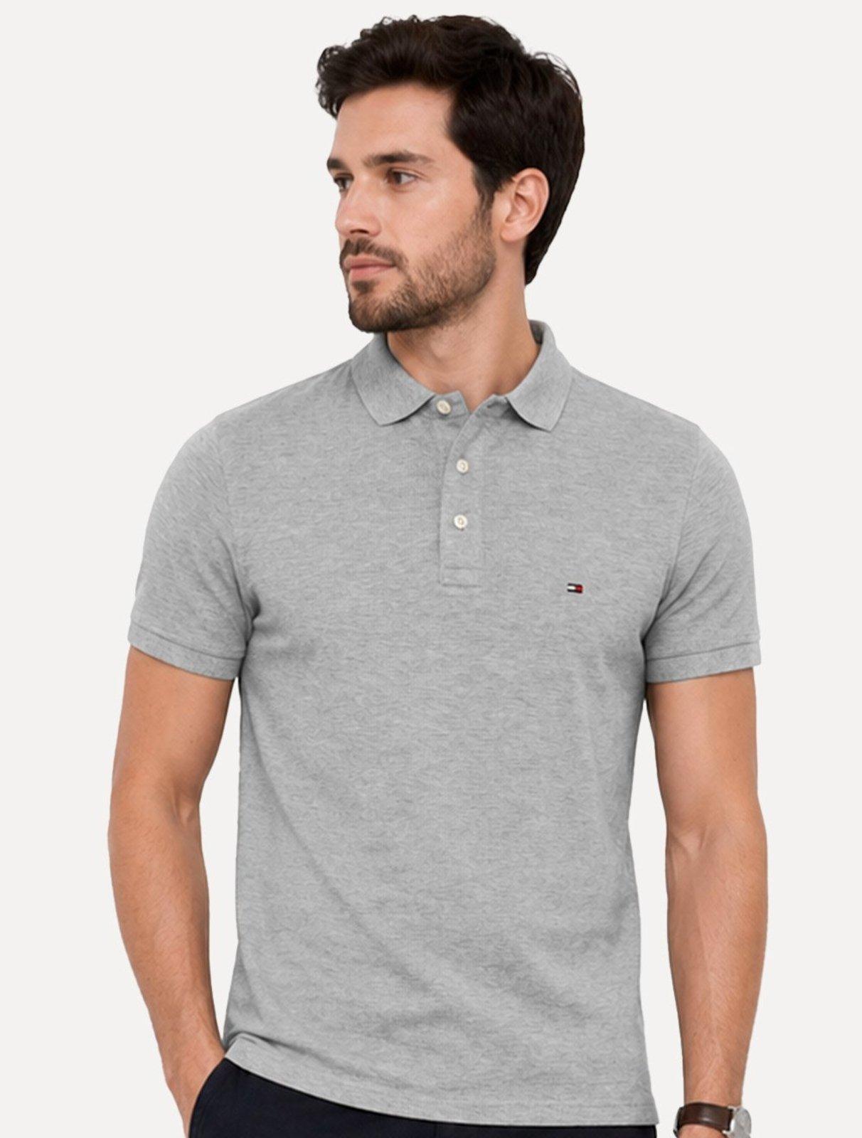 Polo Tommy Hilfiger Masculina Slim Piquet 1985 Cinza Mescla Claro