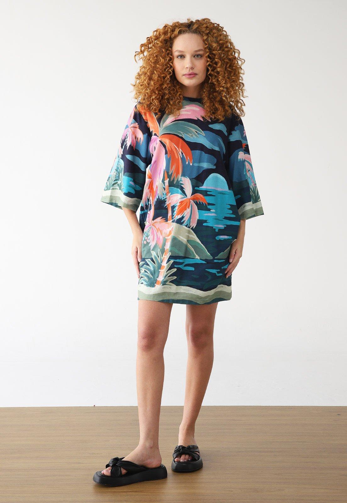 Vestido FARM Curto Tshirt Big Luar Azul-Marinho