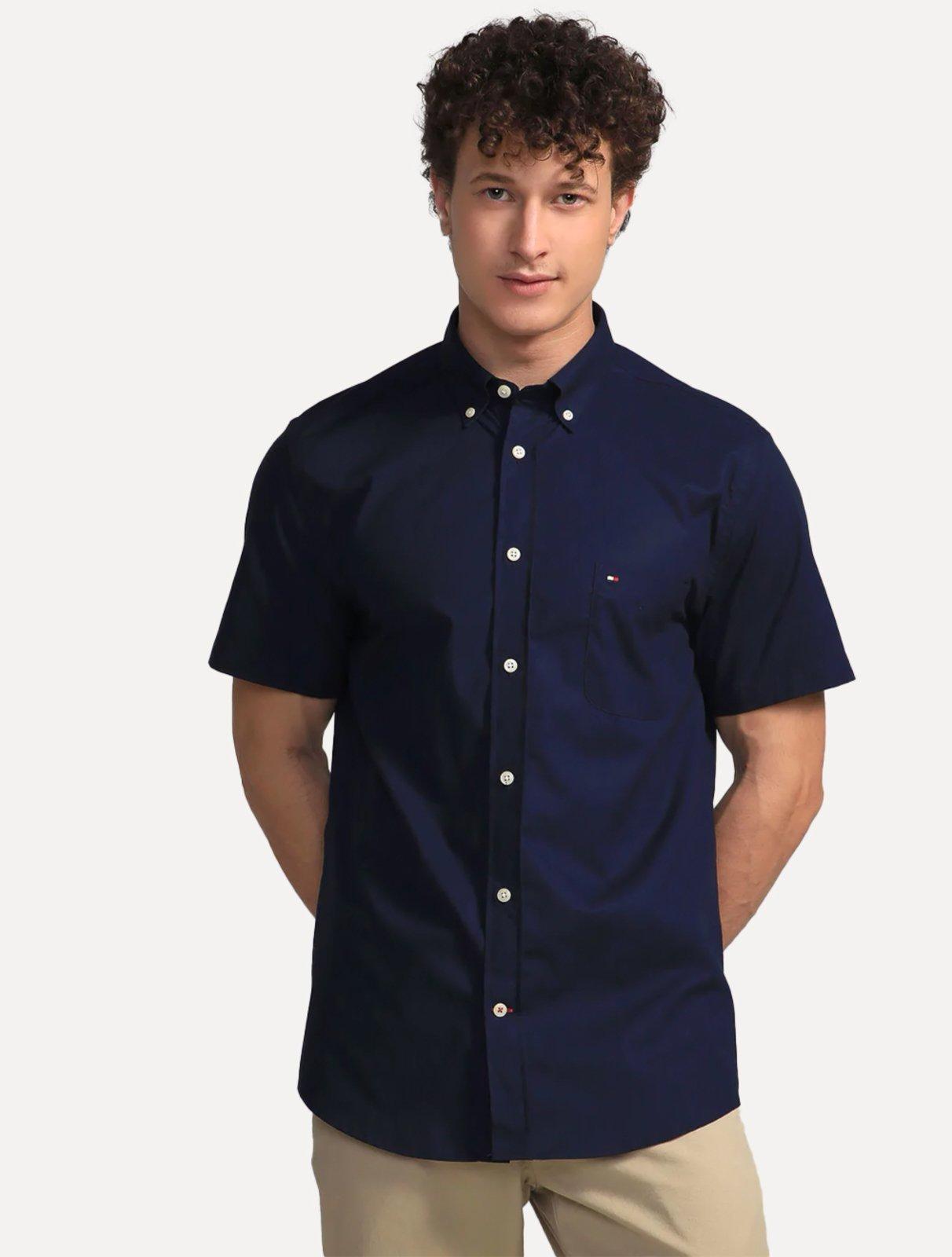 Camisa Tommy Hilfiger Masculina Manga Curta Regular Pocket Poplin Azul Marinho
