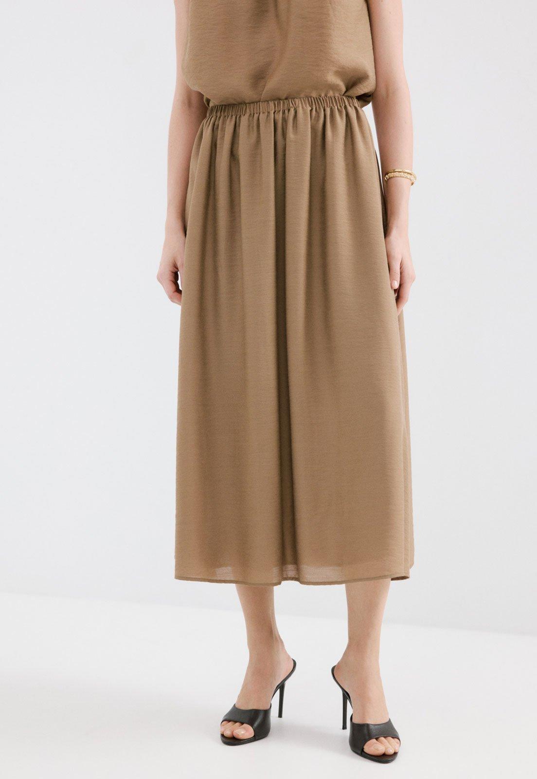 Saia Feminina Mango Midi Cintura Alta Bege