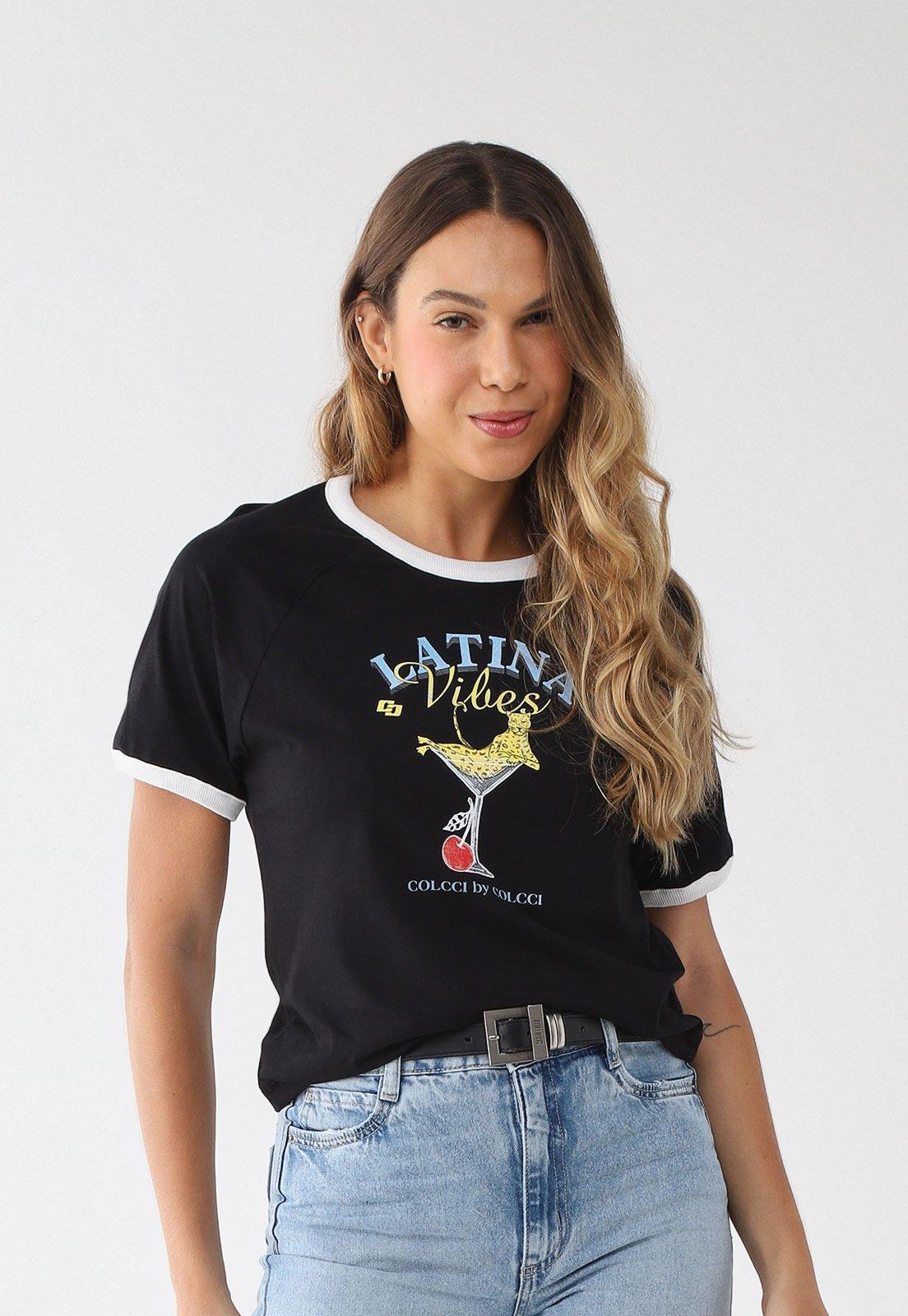 Camiseta Feminina Colcci Estampa Latin Vibes Preta