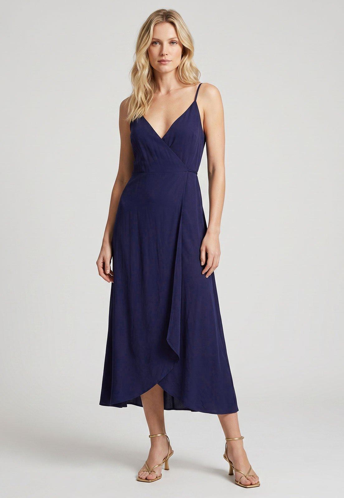 Vestido Feminino FARM Alças Finas Midi Azul-marinho
