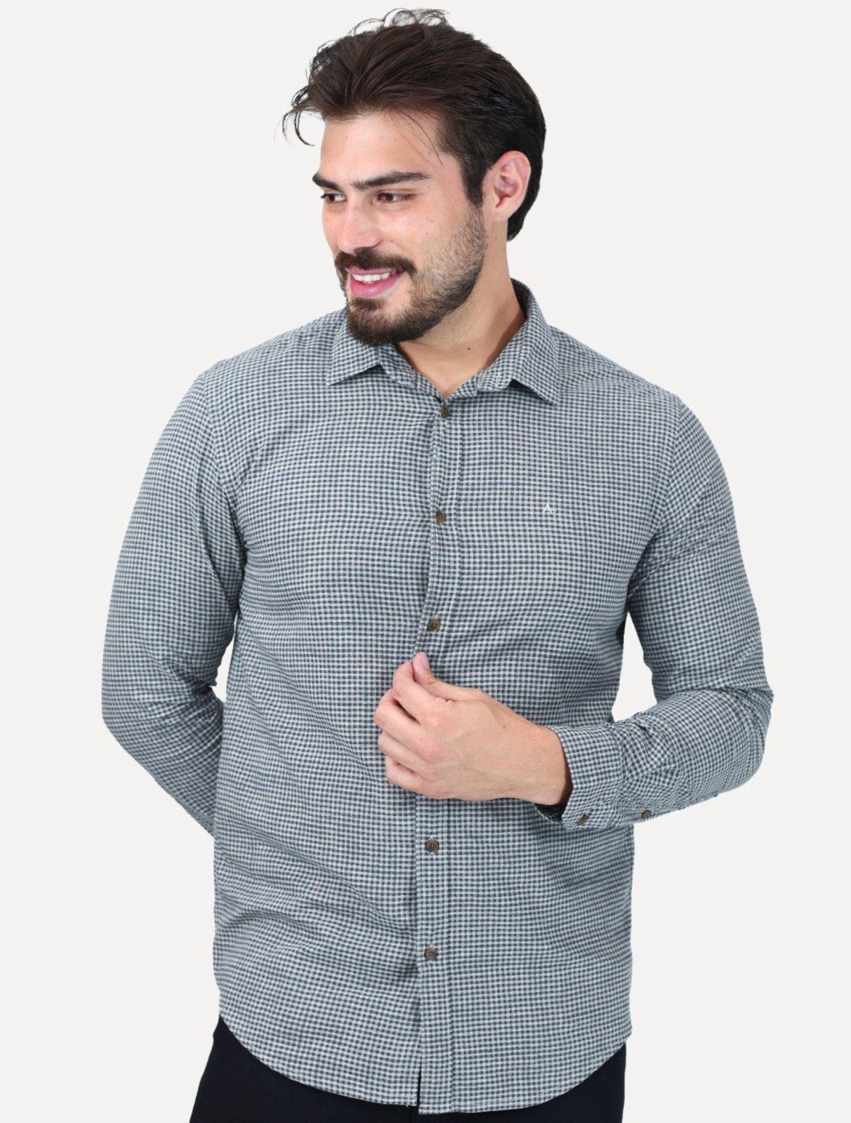 Camisa Aramis Masculina Regular Mini Xadrez Mescla Azul/Cinza