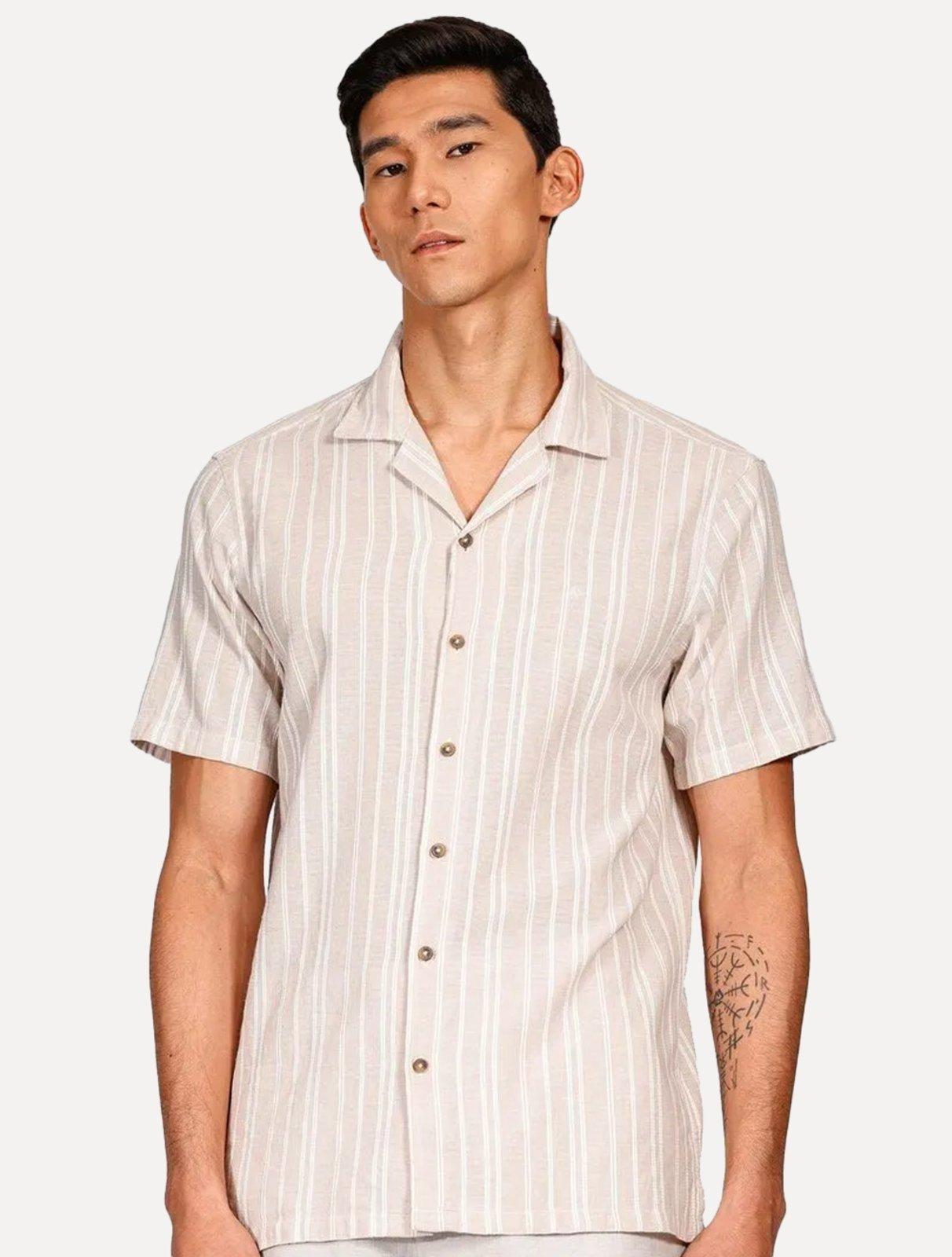 Camisa Aramis Masculina Manga Curta Regular Bowling Eco Maquineta Listrada Cáqui