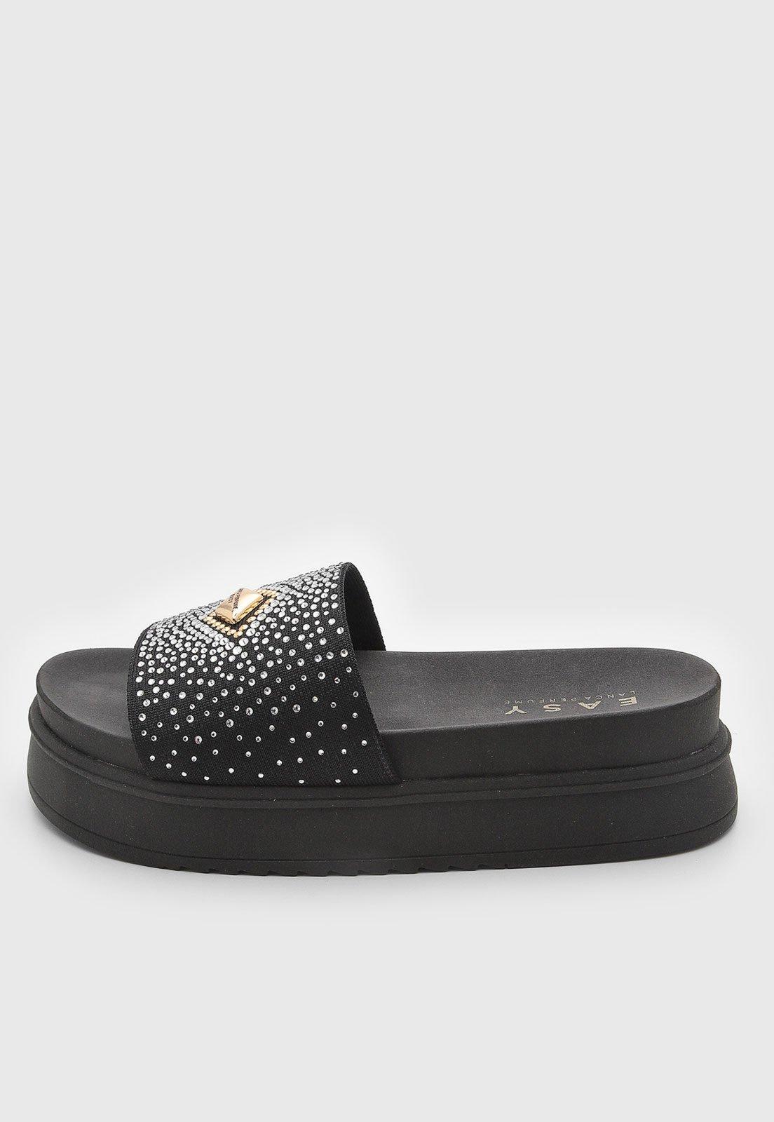 Rasteira Feminina Lança Perfume Têxtil Detalhe Strass Preta