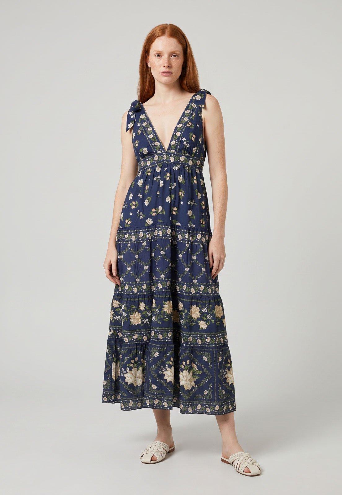Vestido Feminino FARM Midi Floral Azul
