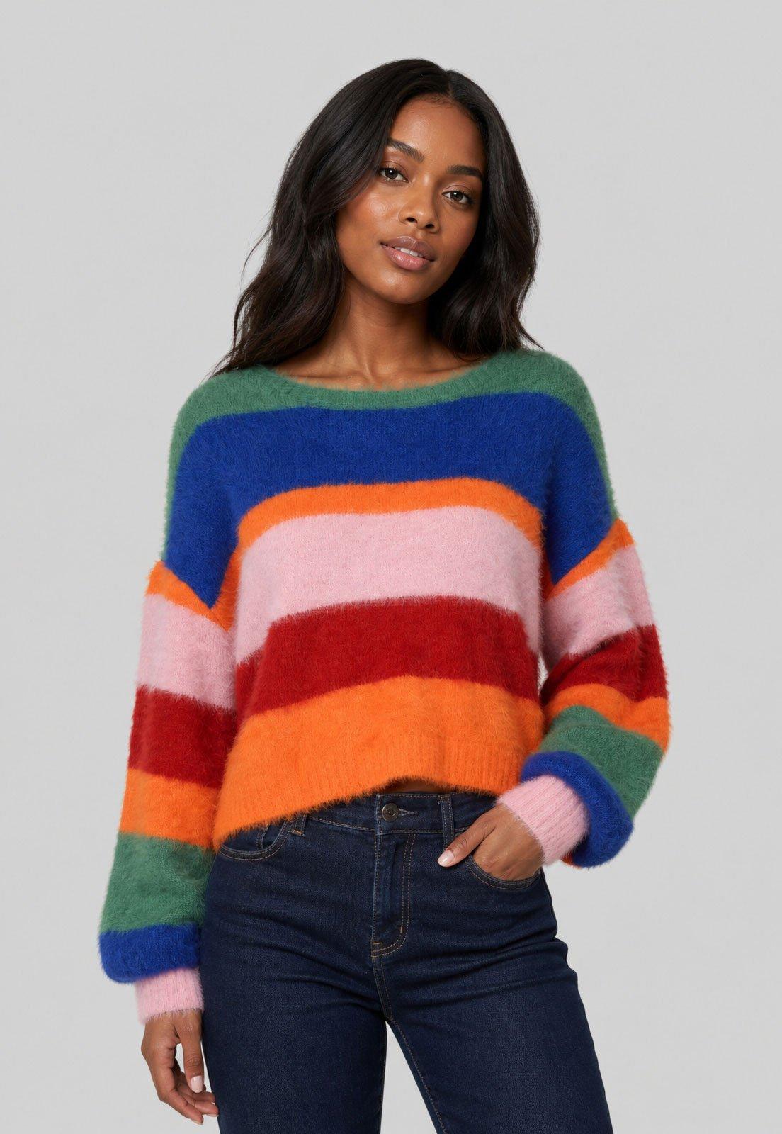 Suéter Feminino FARM Listrado Cropped Laranja