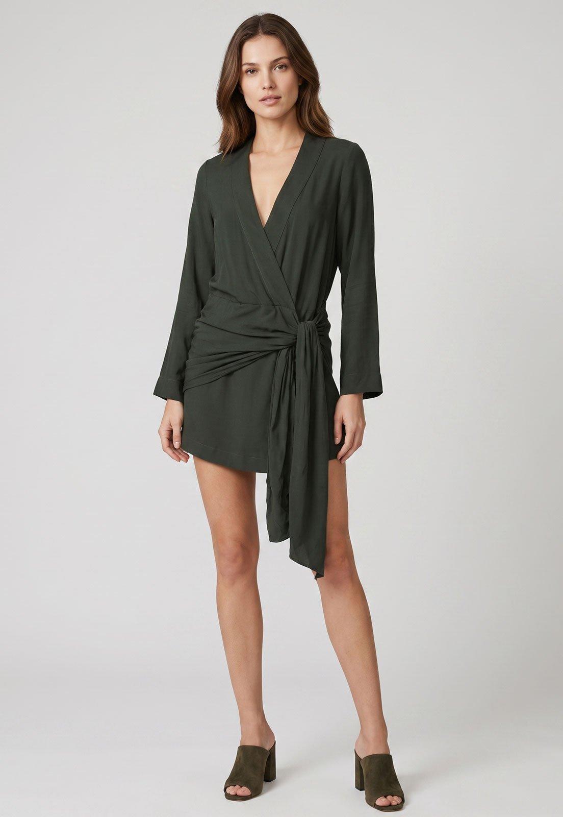 Vestido Feminino FARM Decote V Manga Longa Verde