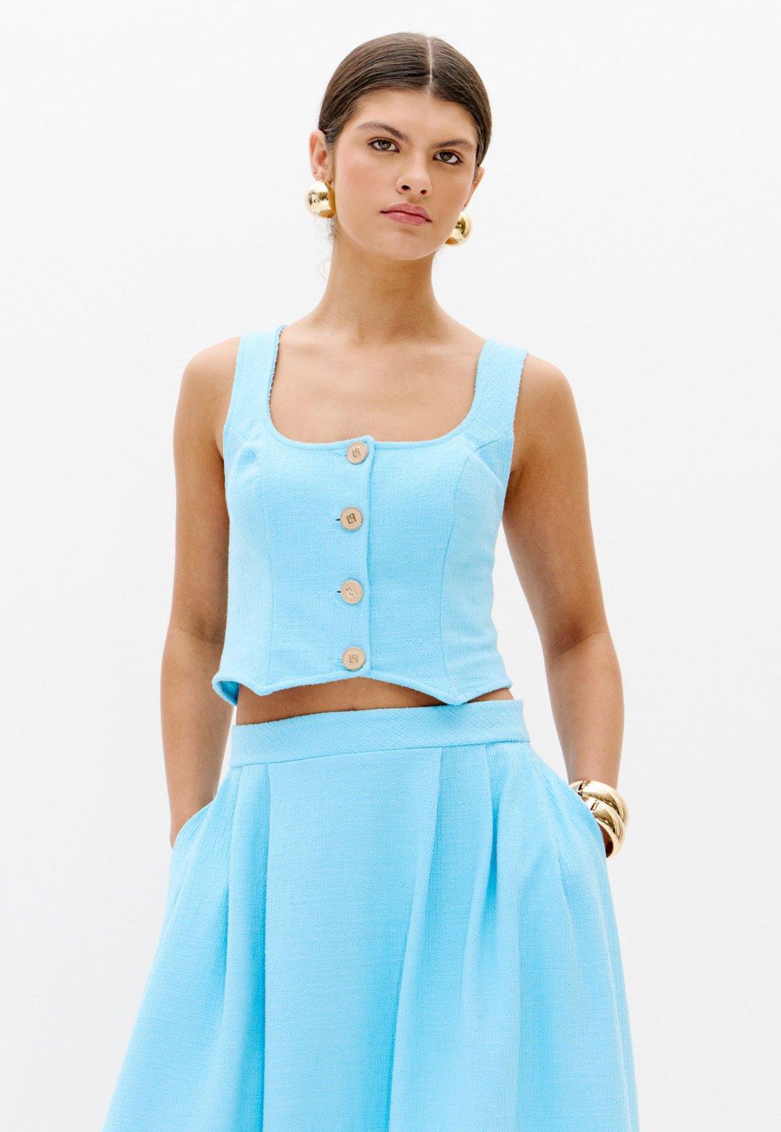 Blusa Feminina Lança Perfume Cropped Botões Azul Claro