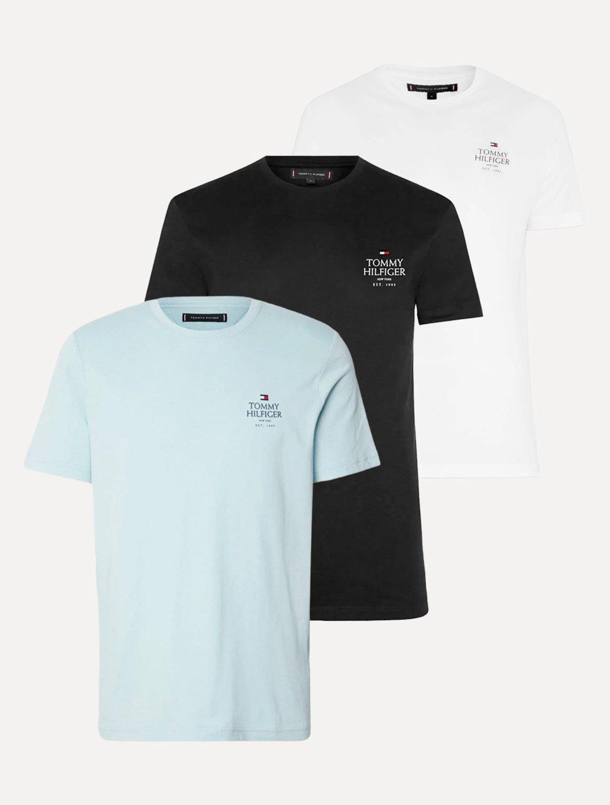 Kit Camisetas Tommy Hilfiger | Masculina Stack Brand Love Preta/Branca/Azul Claro