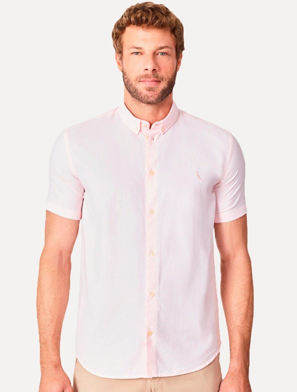 Camisa Reserva Masculina Manga Curta Oxford Color Rosa Claro
