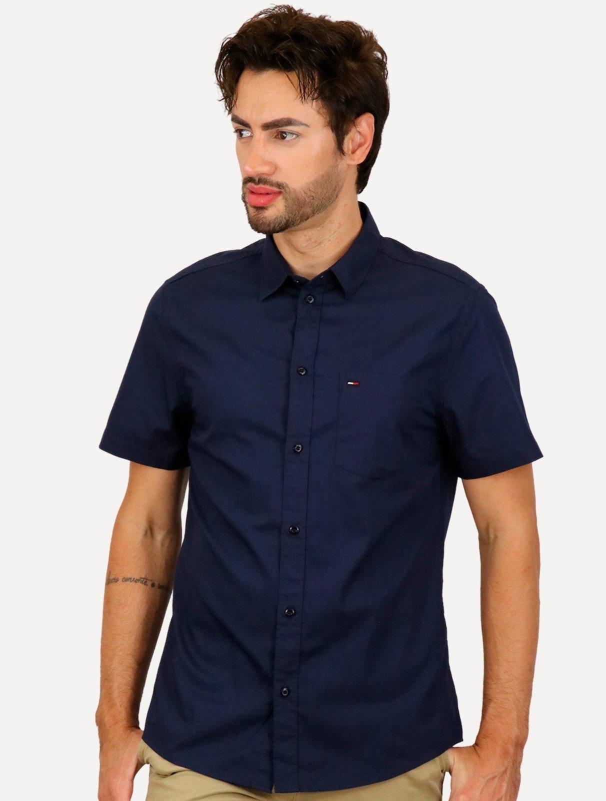 Camisa Tommy Jeans Masculina Manga Curta Pocket Solid Poplin Azul Marinho