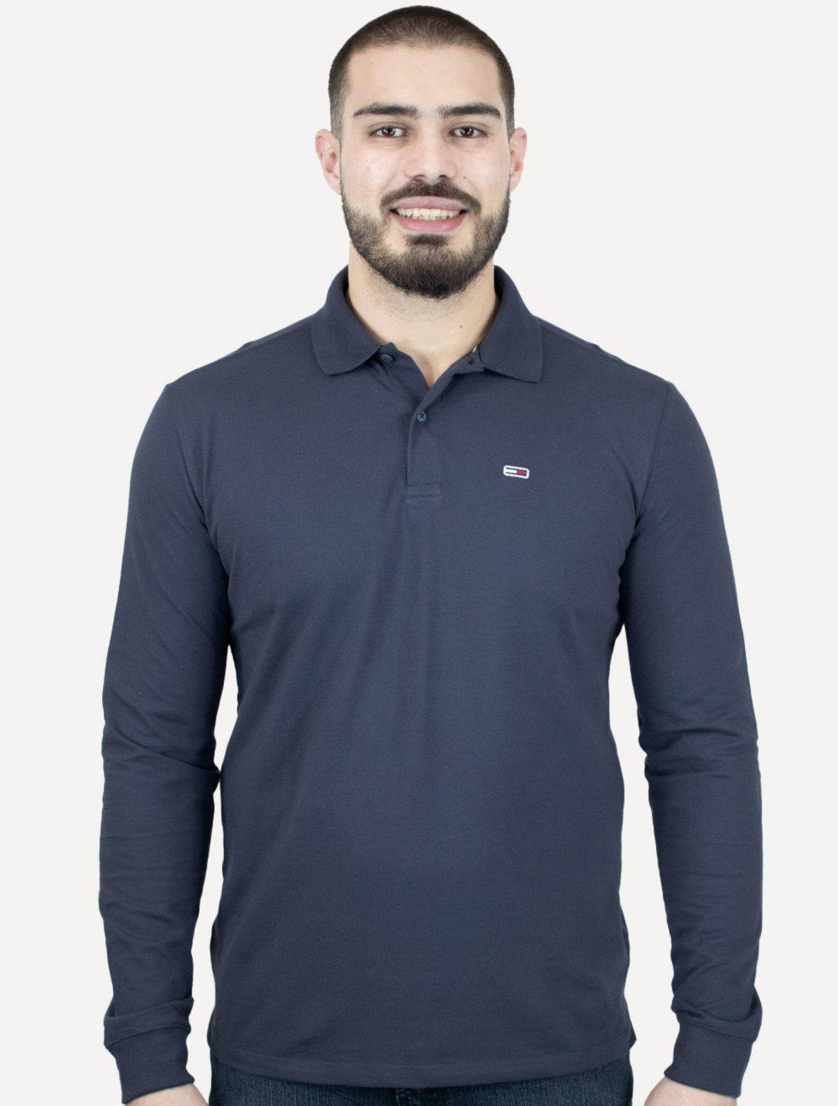 Polo Tommy Jeans Masculina Slim Piquet Flag Placket Azul Marinho