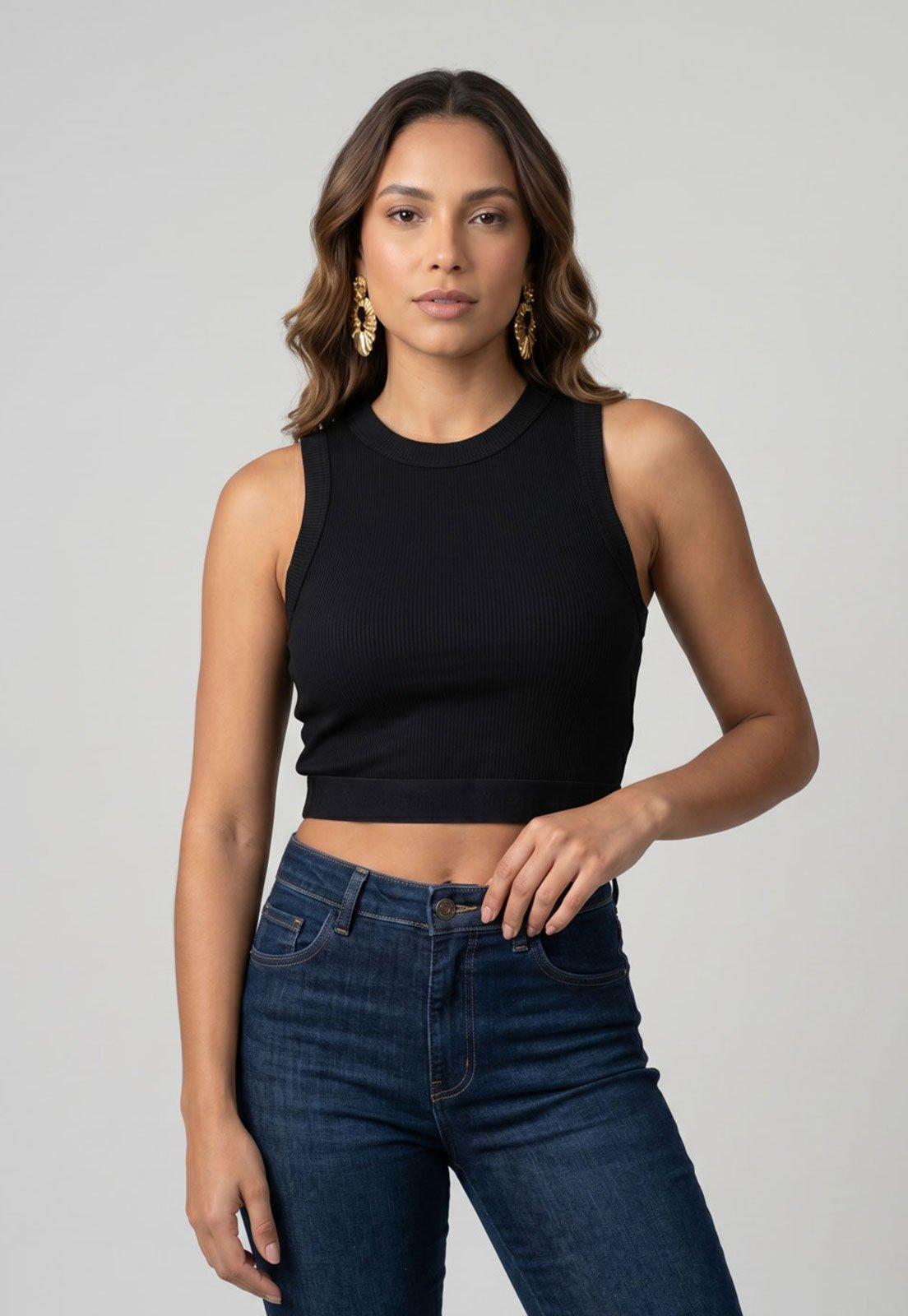 Regata Cropped Lança Perfume Canelada Preta