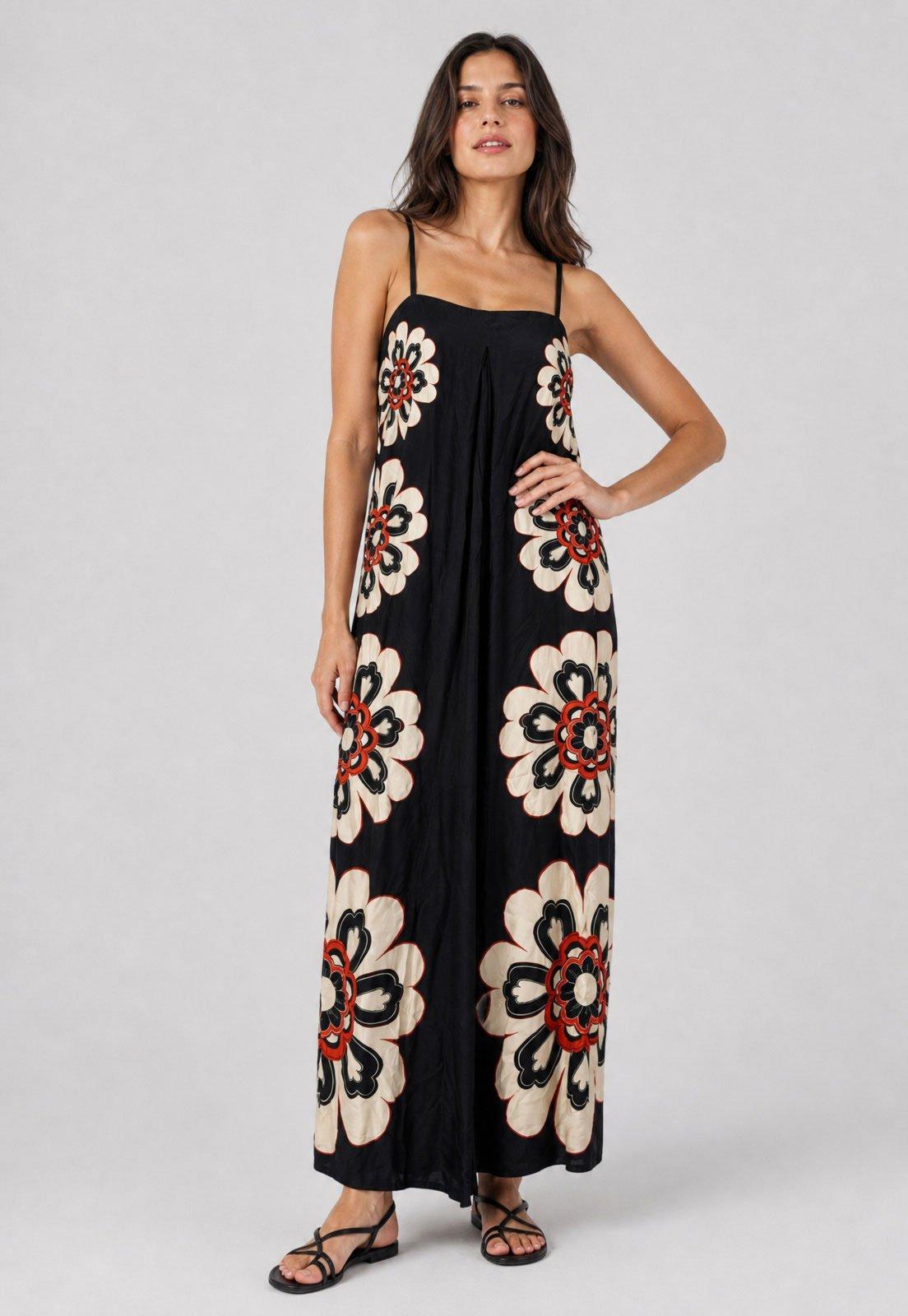 Vestido Longo FARM Estampado Alças Finas Preto
