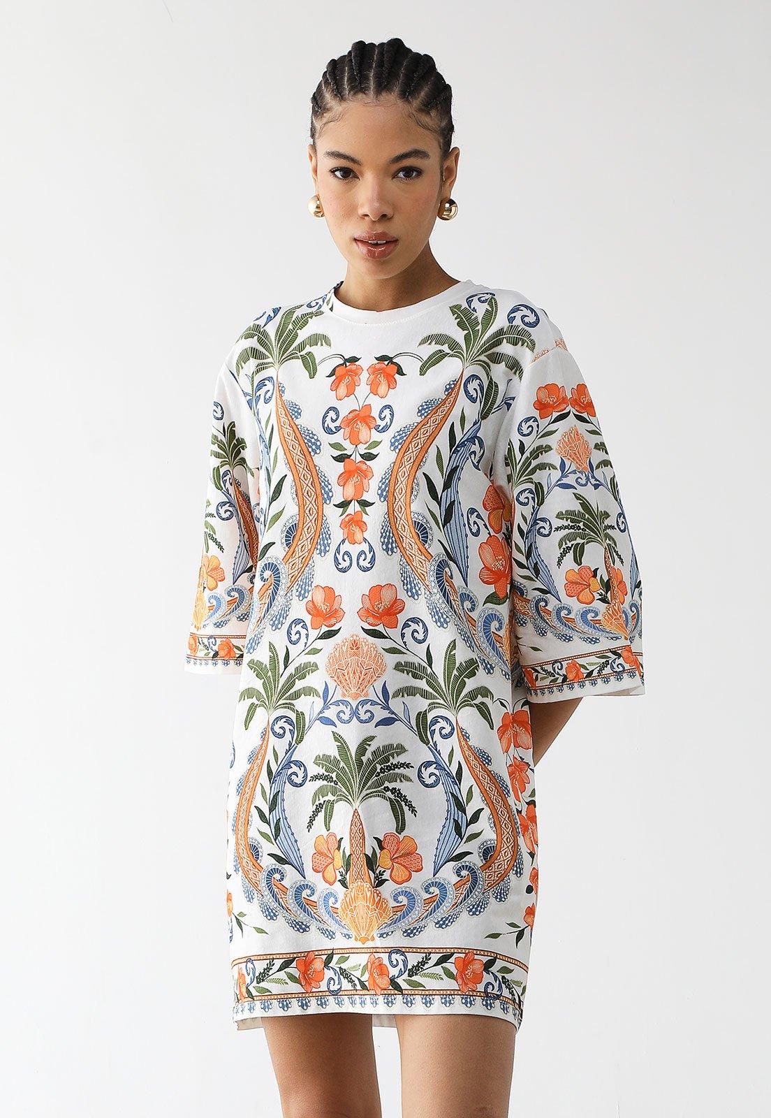 Vestido Feminino FARM Estampado Floral Branco e Laranja e Azul e Verde