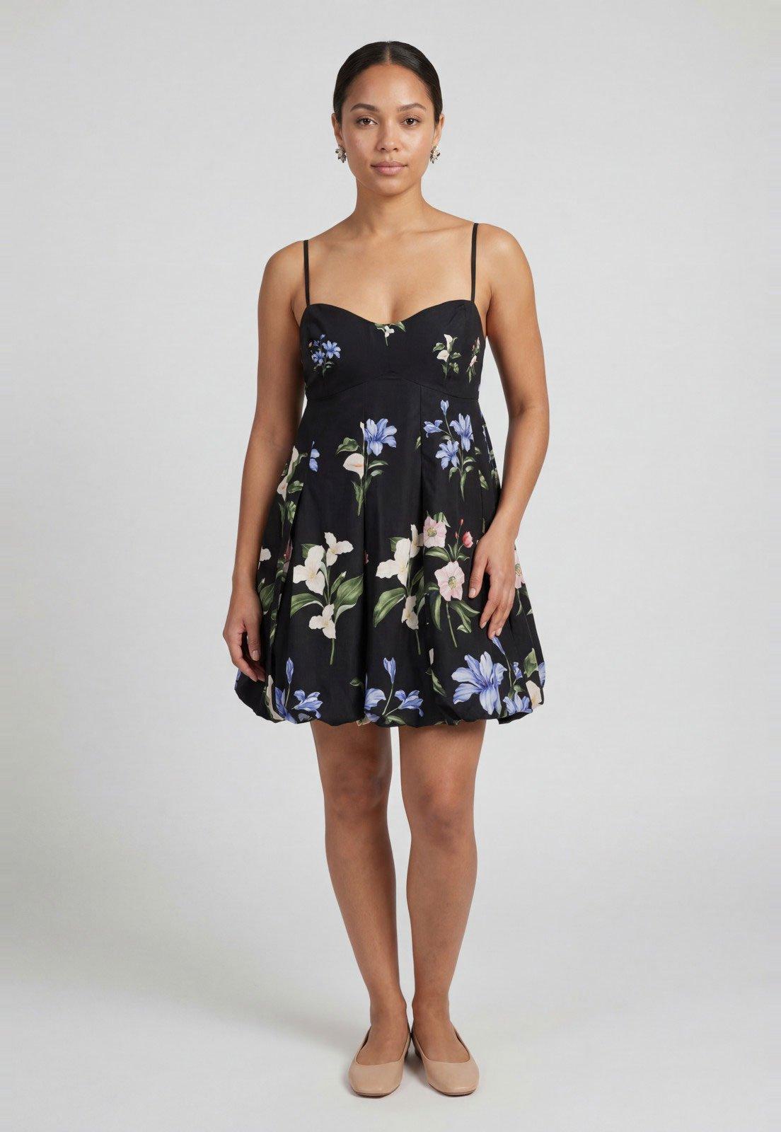 Vestido Feminino FARM Floral Alças Finas Preto
