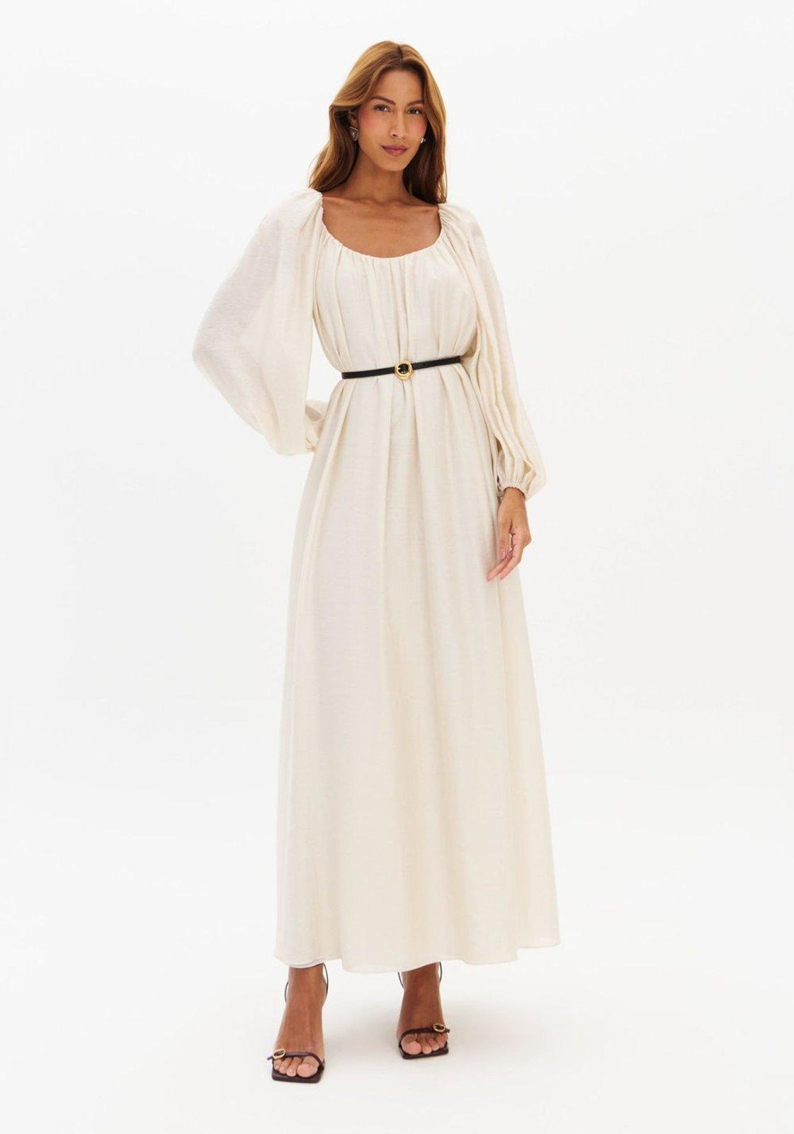 Vestido Longo Manga Longa Com Cinto Lança Perfume