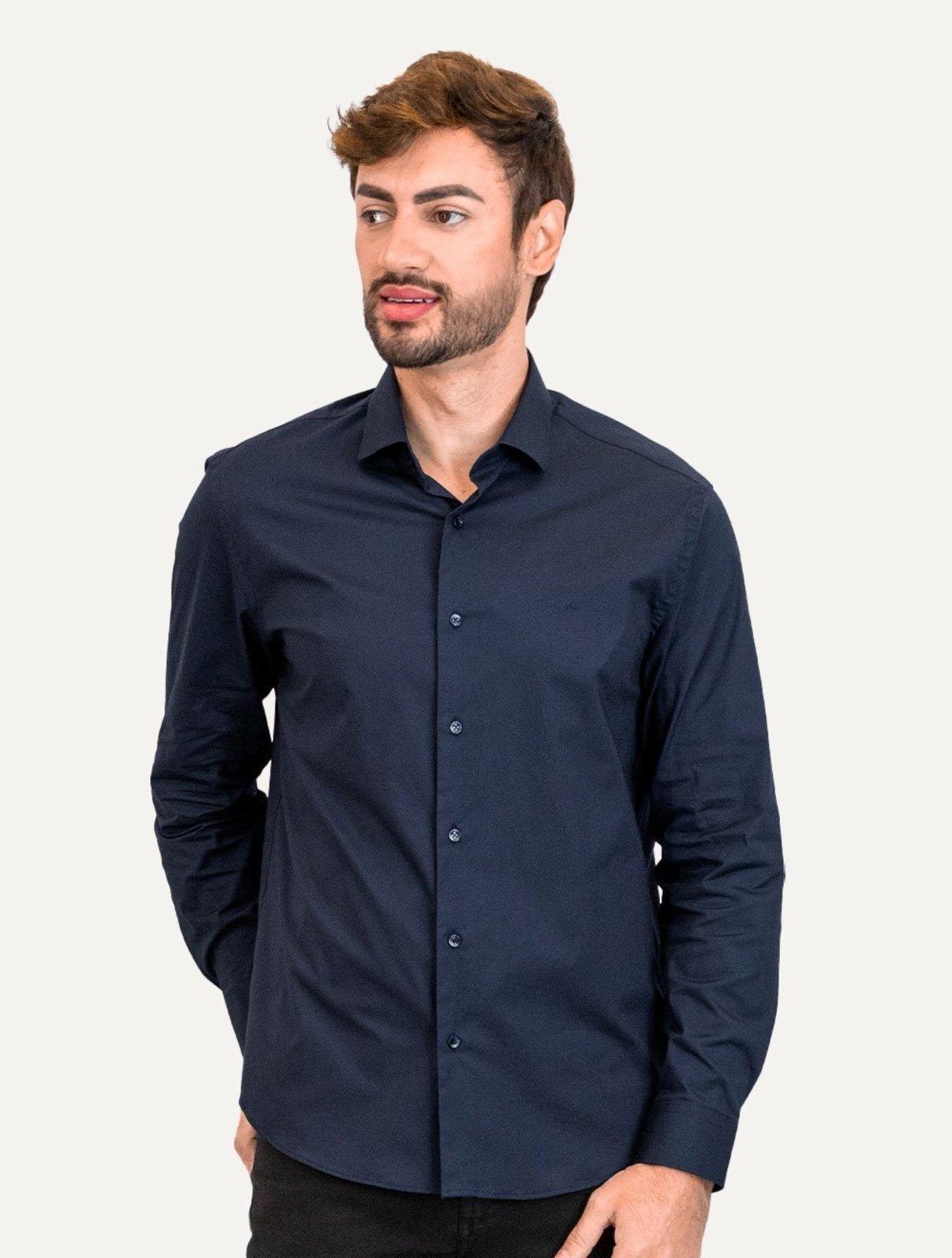 Camisa Aramis Masculina Regular Tricoline Liso Stretch Azul Marinho