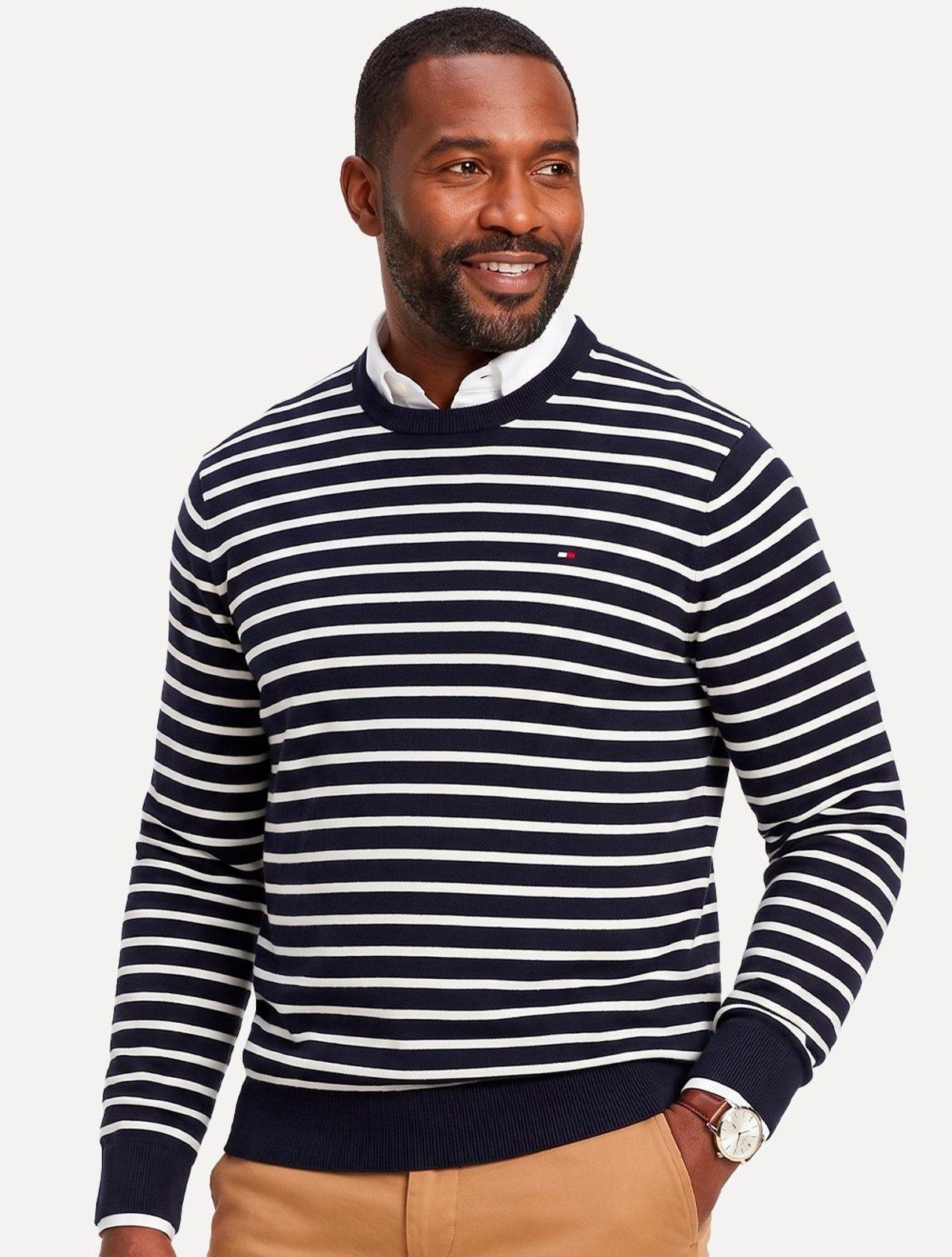 Suéter Tommy Hilfiger Masculino Crewneck Essential Cotton Listrada Azul/Branco