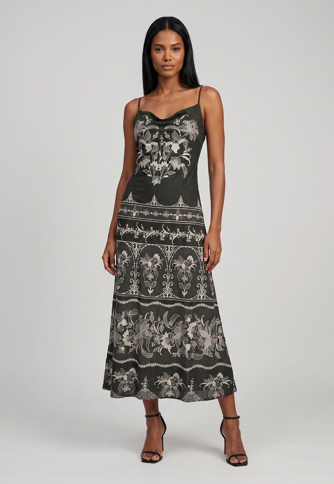 Vestido Feminino FARM Alças Finas Estampa Floral Verde