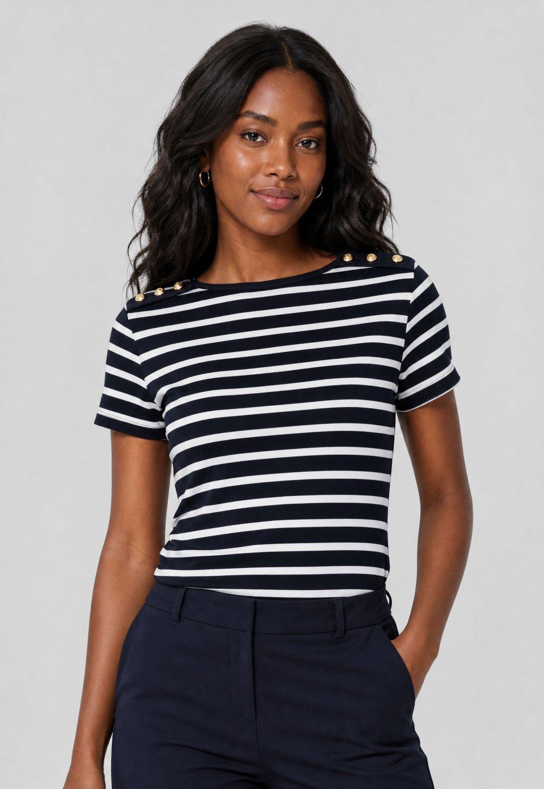 Camiseta Feminina Tommy Hilfiger Listrada Azul Marinho