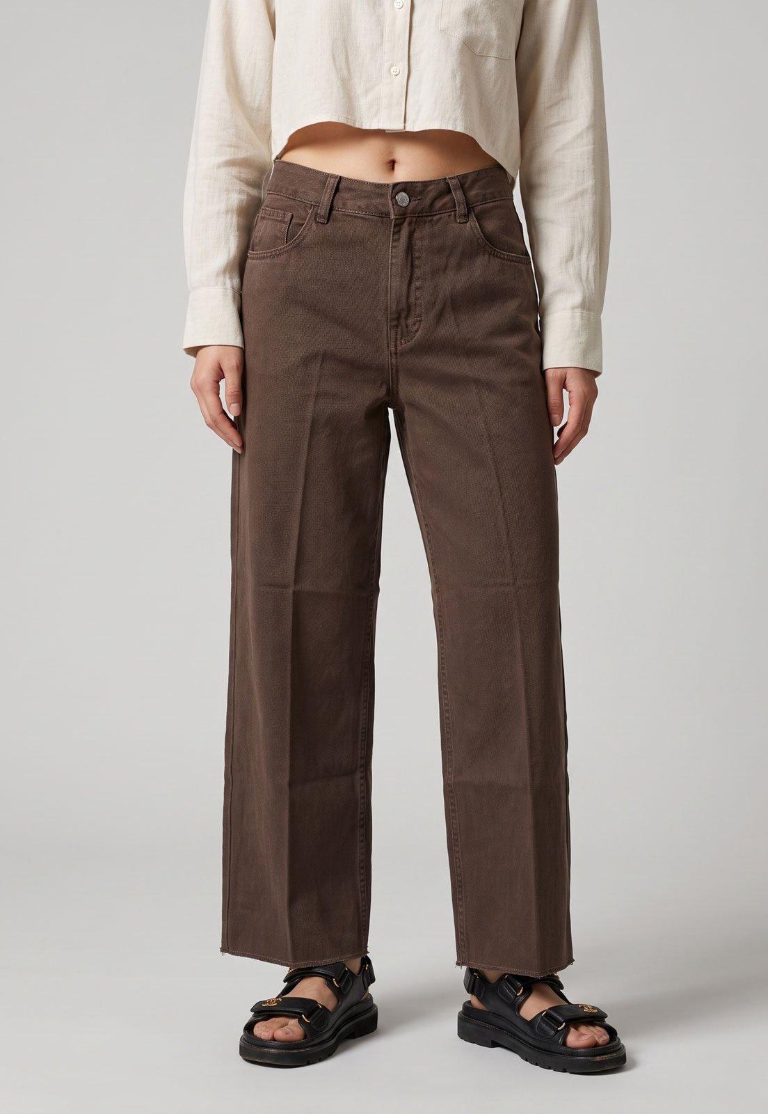 Calça Feminina John John Sarja Cintura Alta Reta Marrom