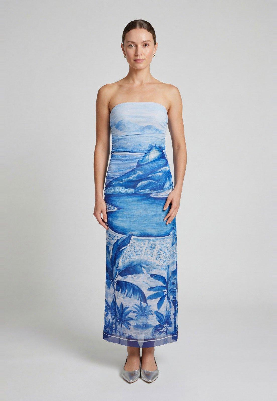 Vestido Longo FARM Tomara que Caia Estampado Azul