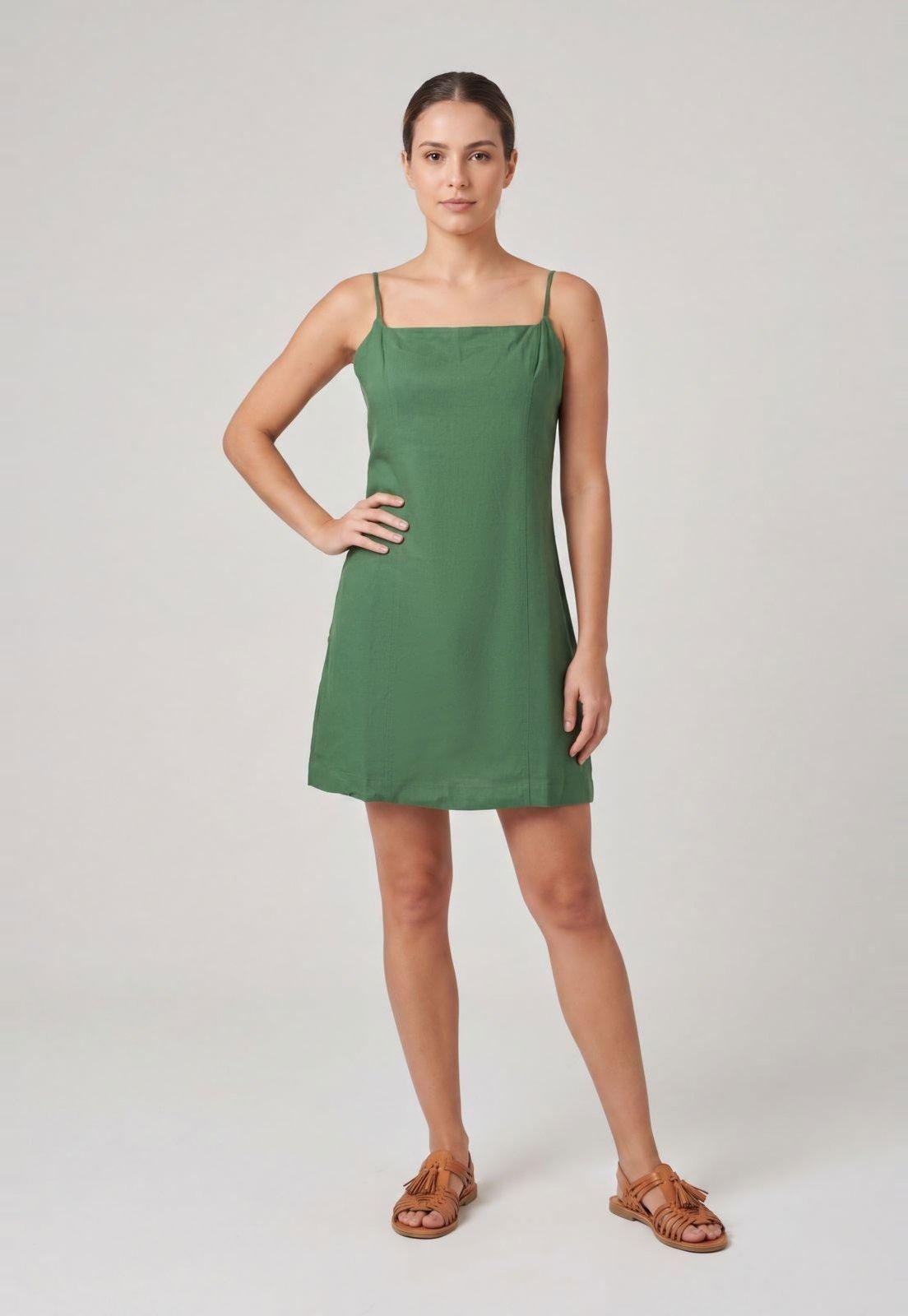 Vestido Feminino Curto FARM Alças Gola Quadrada Verde
