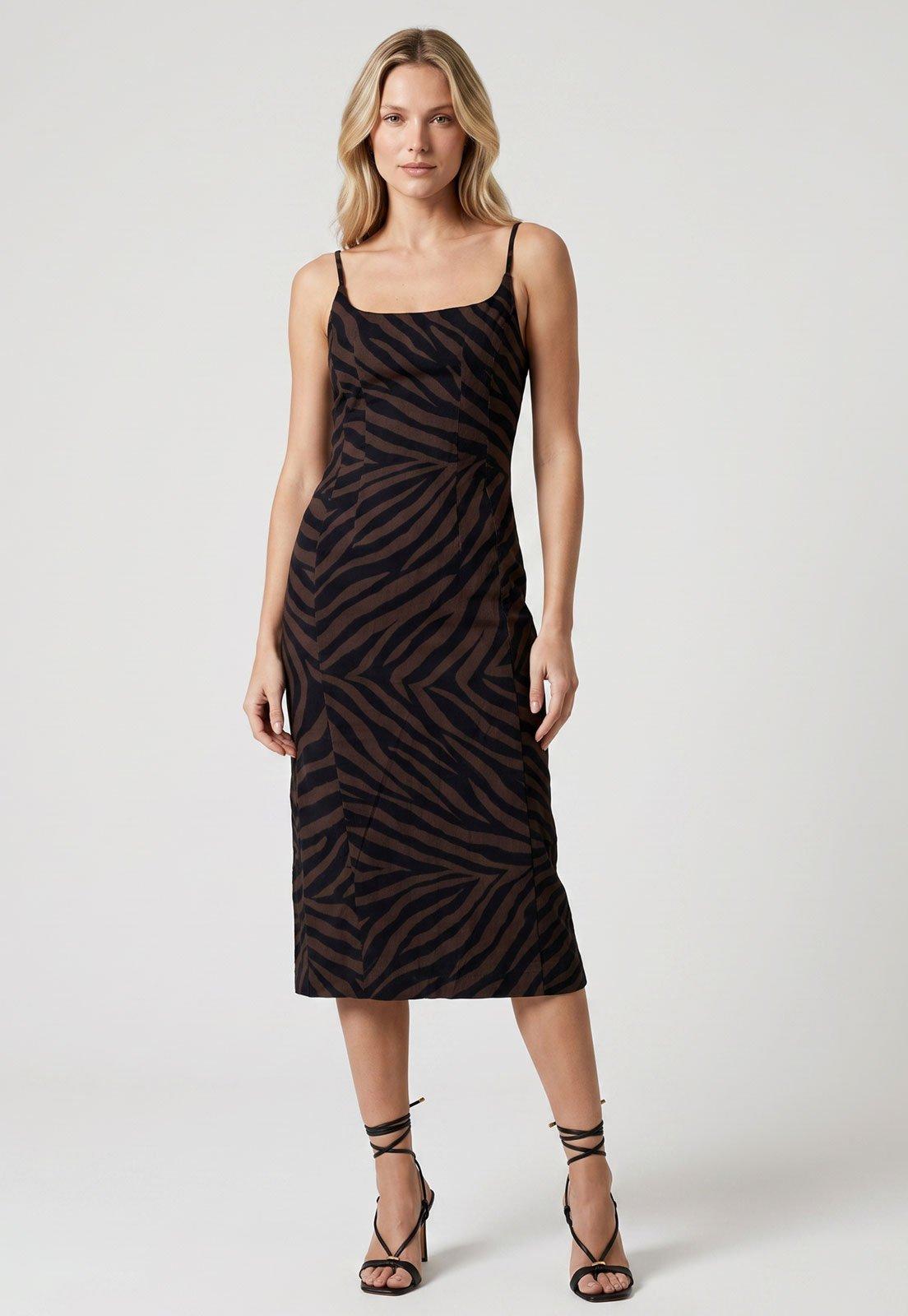 Vestido FARM Alças Finas Estampa Zebra Marrom