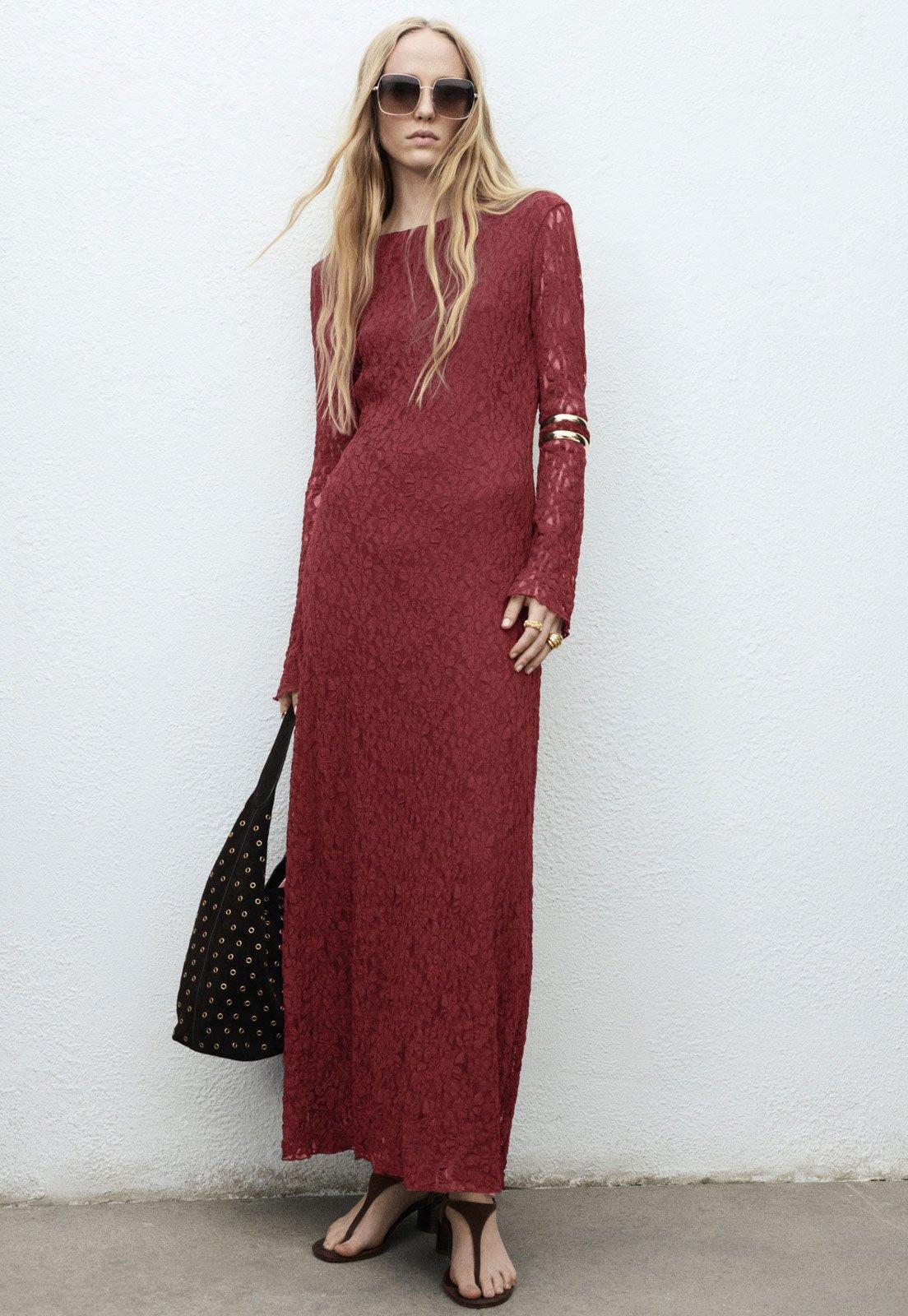 Vestido Feminino Mango Longo Renda Burgundy