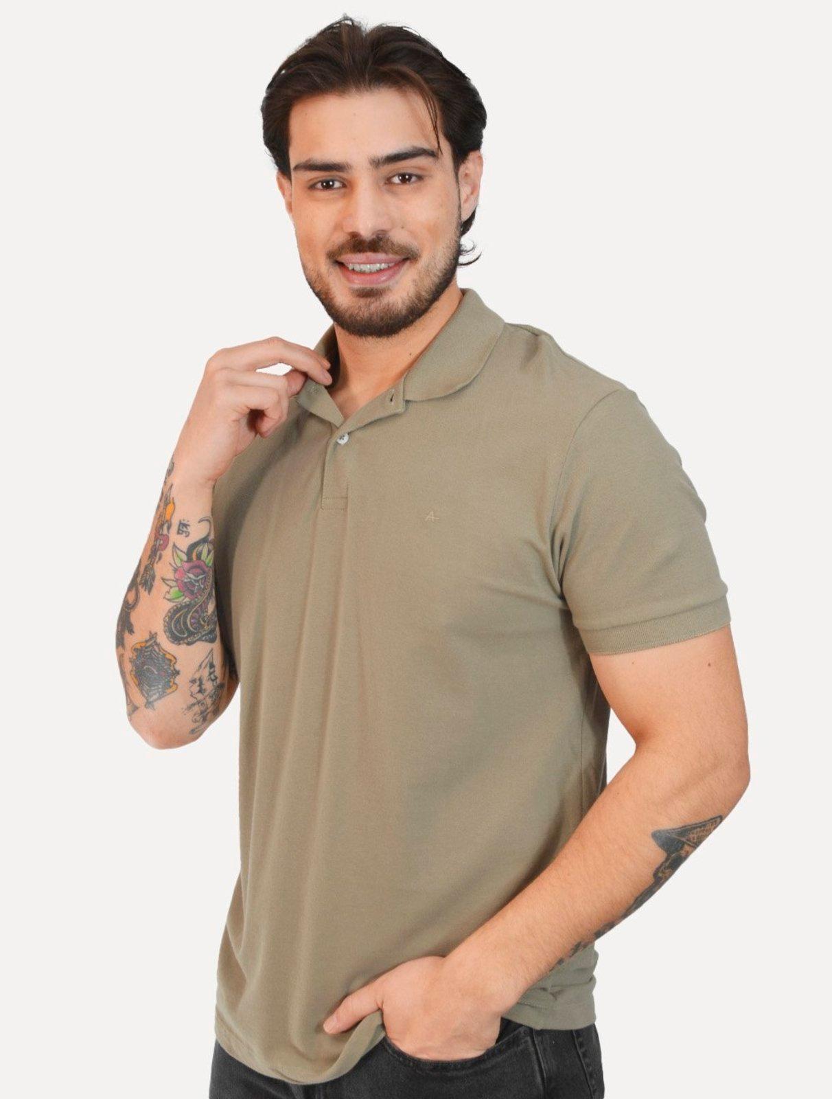 Polo Aramis Masculina Regular Basic Piquet Mono Logo Cáqui Medio Escuro