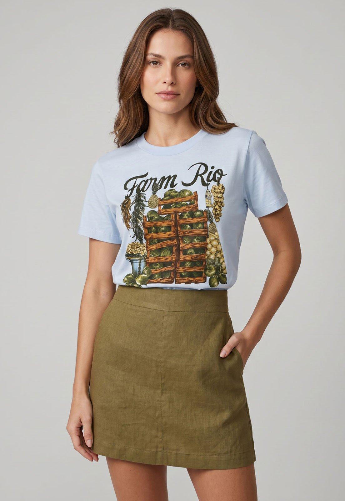Camiseta Feminina FARM Estampa Frutas Azul Claro