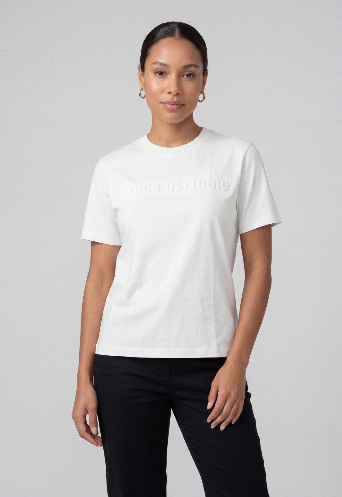 Camiseta Feminina Lança Perfume Estampa em Relevo Branca