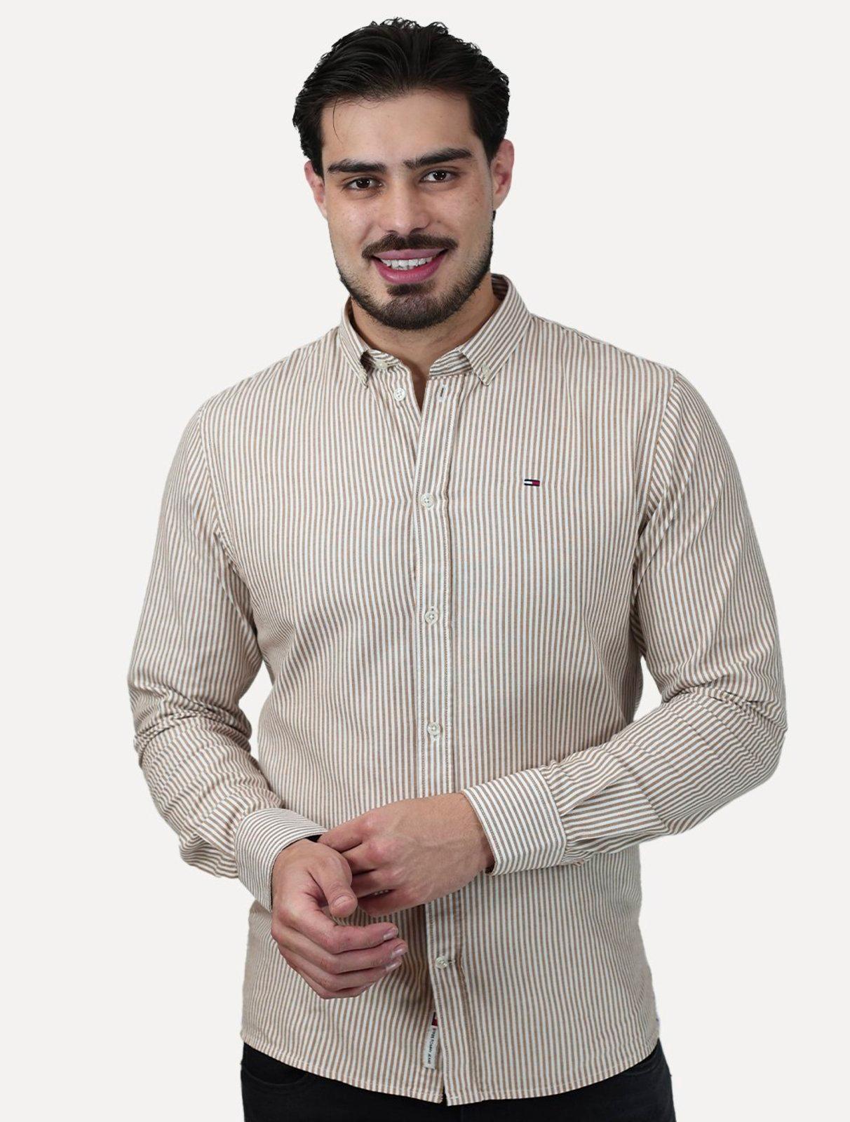 Camisa Tommy Jeans Masculina Slim Striped Oxford Cáqui