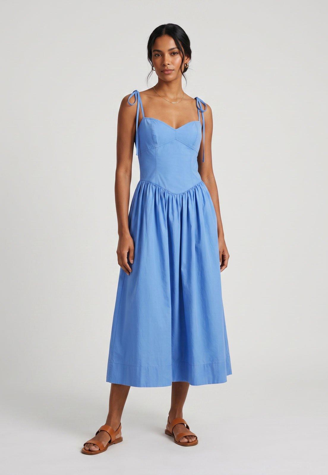 Vestido Feminino FARM Midi Decote Coração Azul