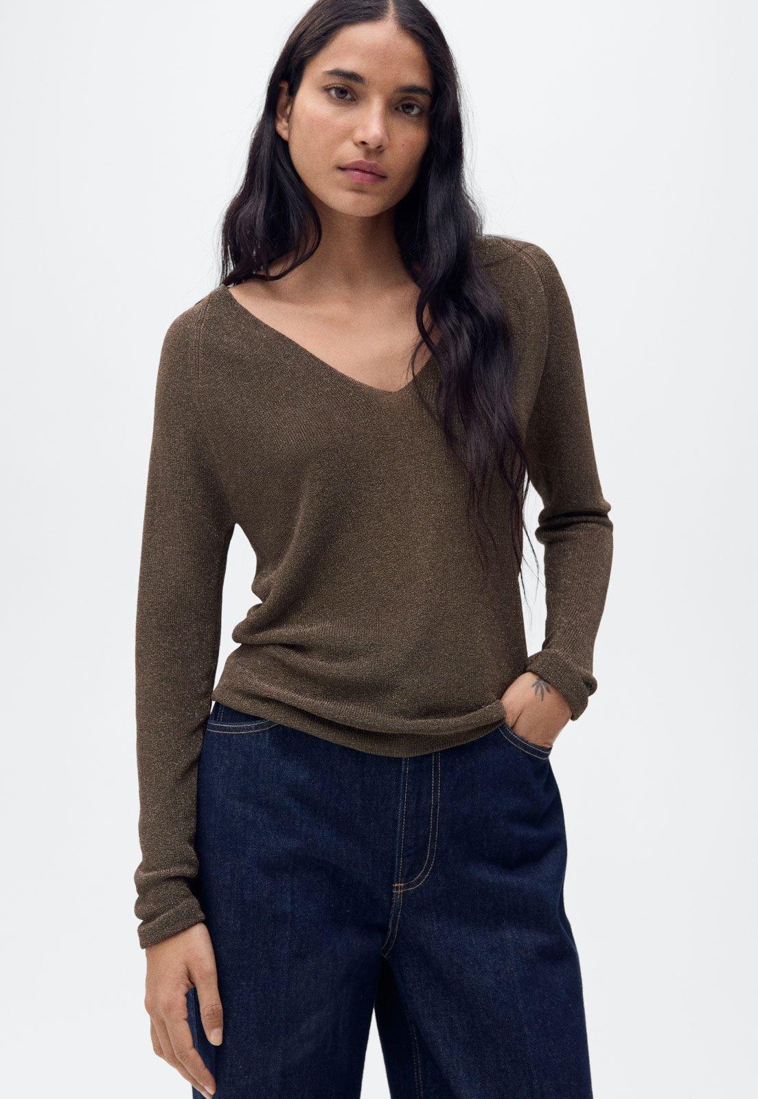 Suéter Feminino Mango Decote V Manga Longa Marrom