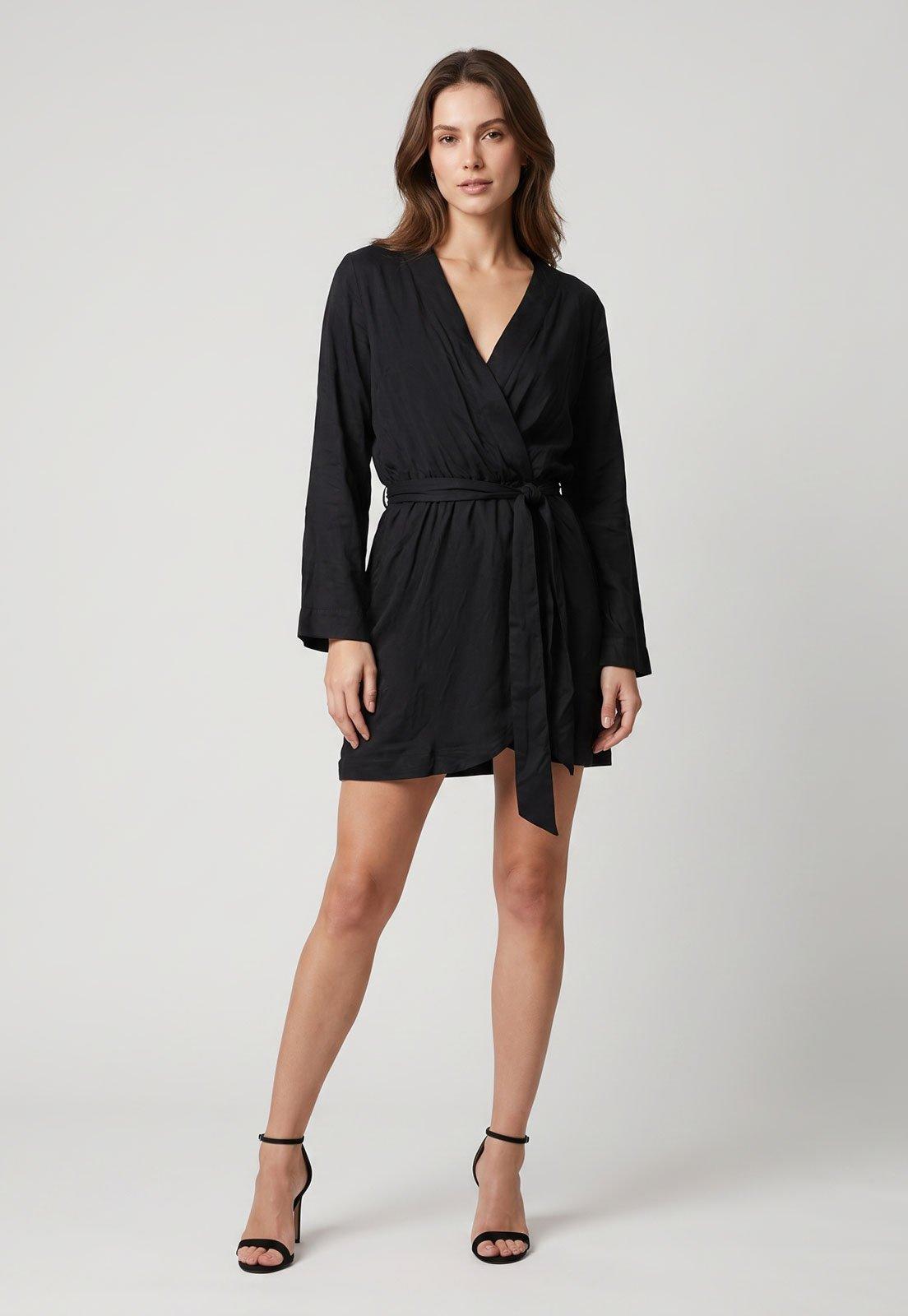 Vestido Feminino FARM Decote V Manga Longa Preto