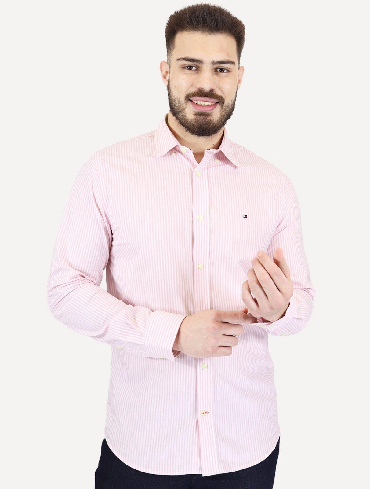 Camisa Tommy Hilfiger Masculina Regular Striped Poplin Rosa Médio