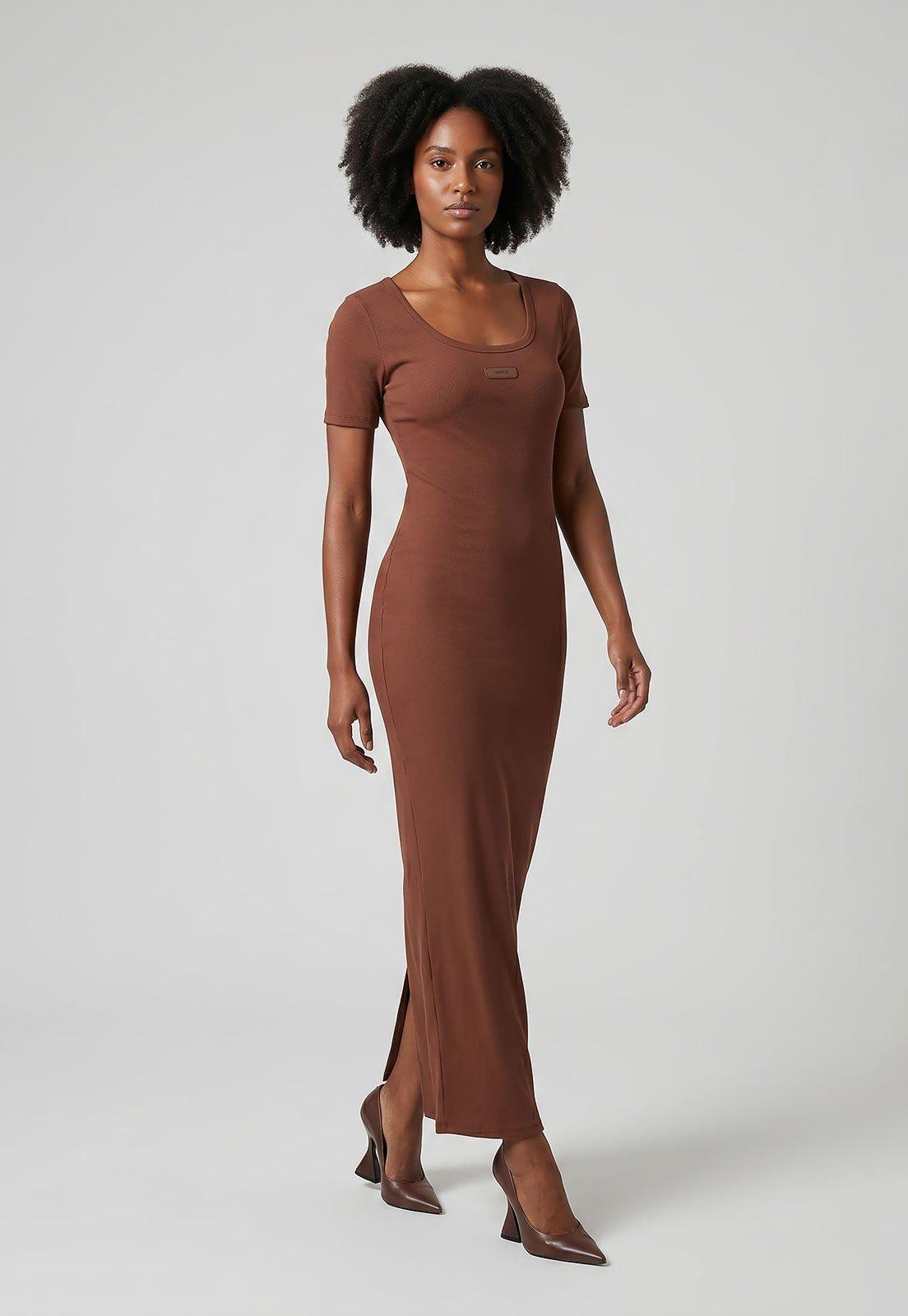 Vestido Feminino Lança Perfume Longo Ajustado Marrom