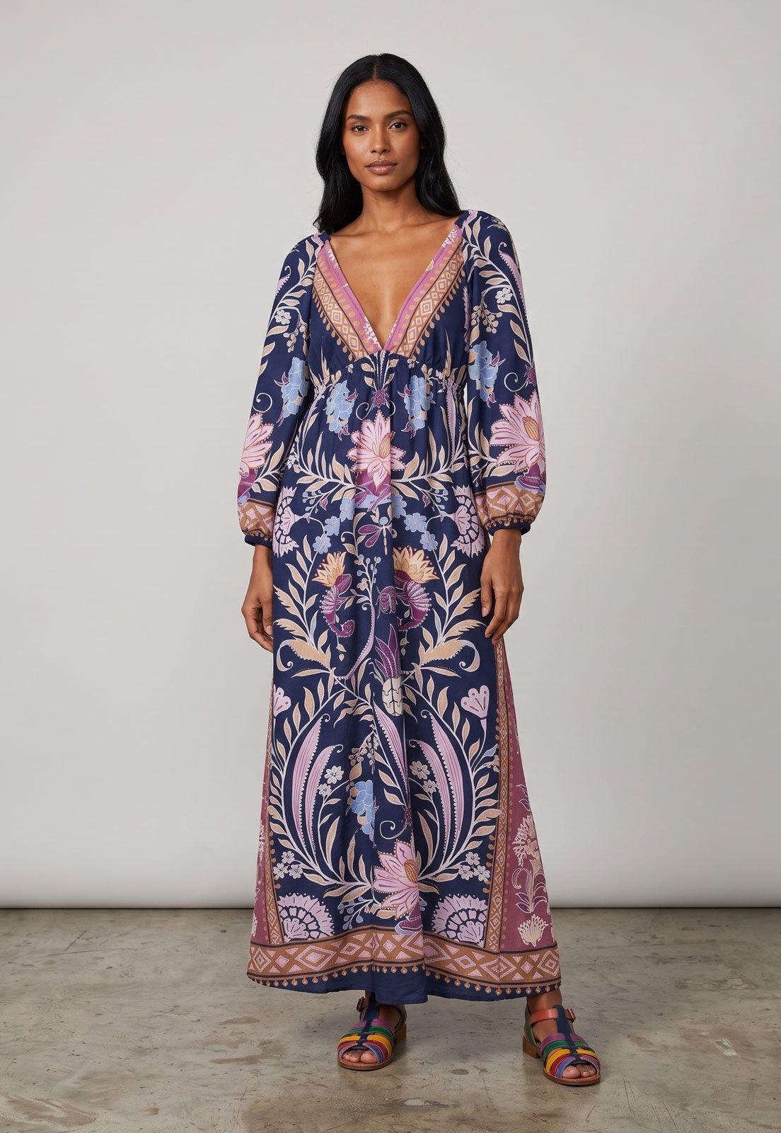 Vestido Feminino FARM Longo Estampado Azul Marinho
