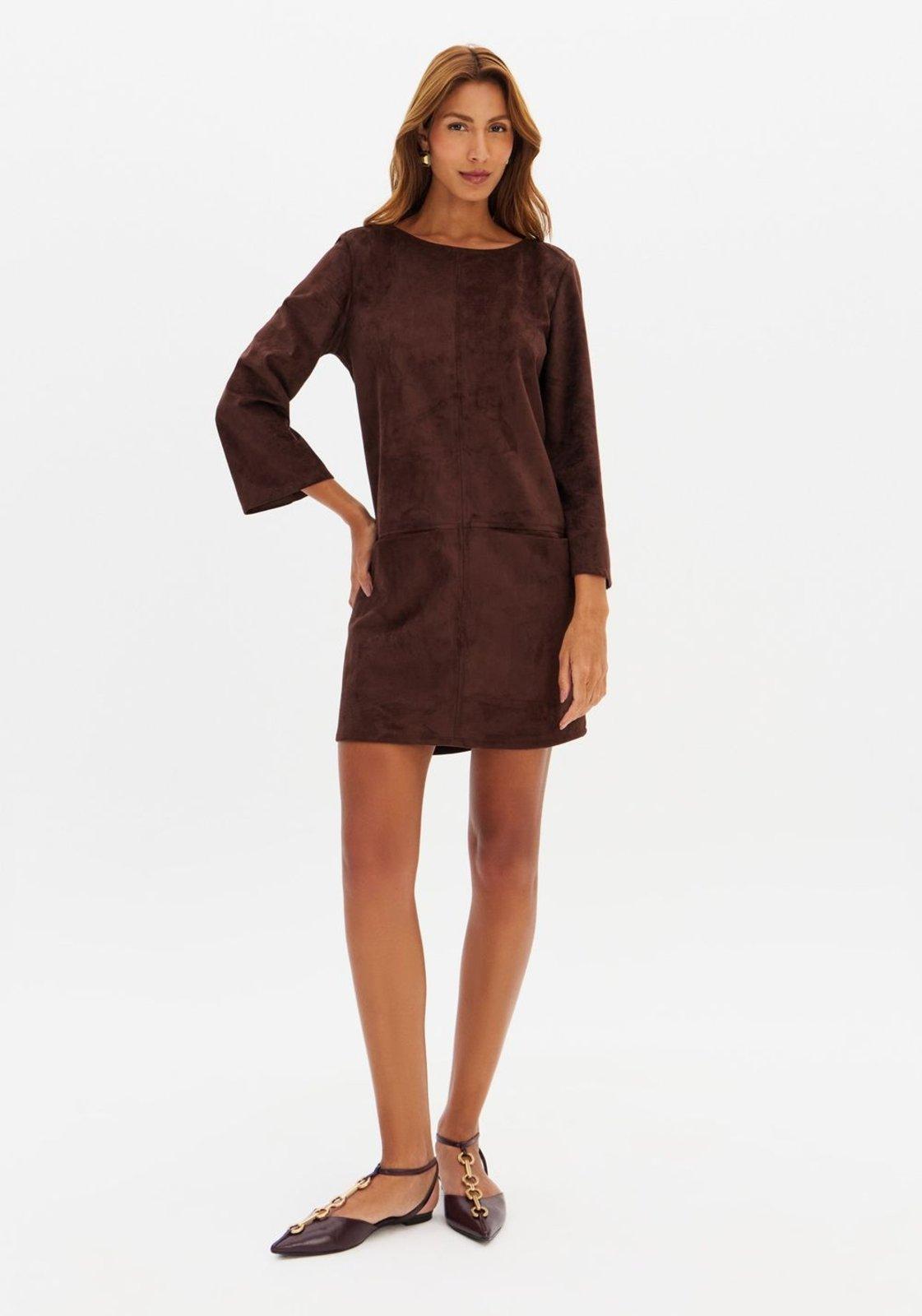 Vestido Curto De Suede Manga Média Solto Lança Perfume