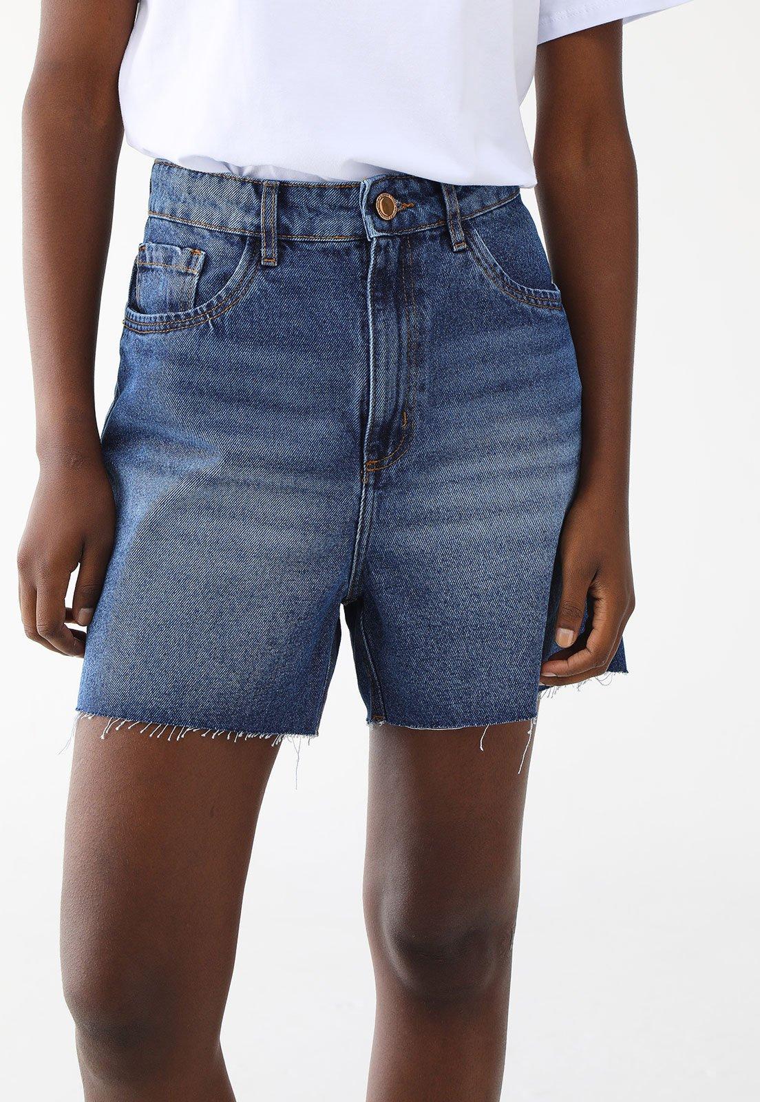 Bermuda Jeans Lança Perfume Mom Barra Destroyed Azul