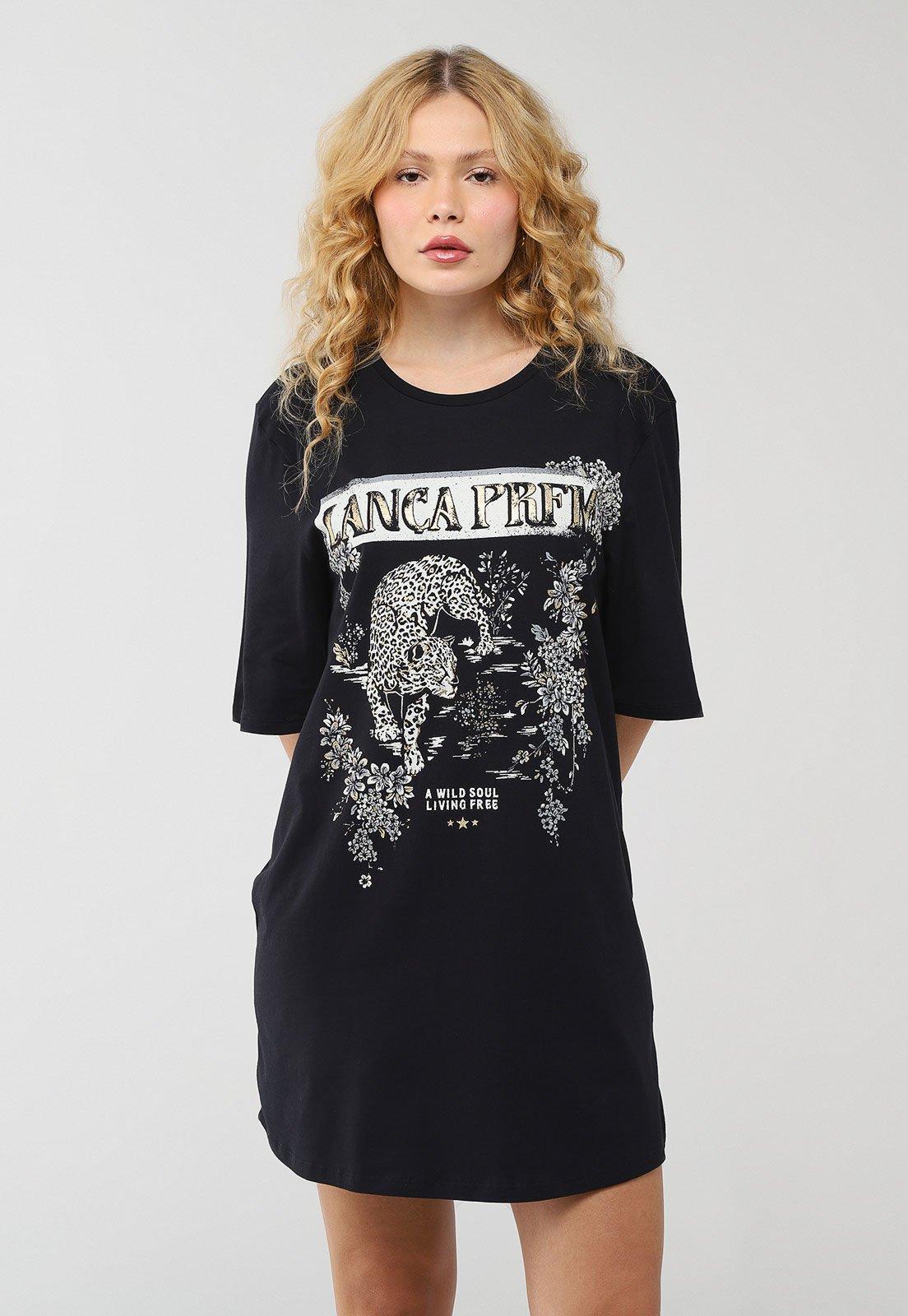 Vestido Feminino Lança Perfume Estampa Onça Preto
