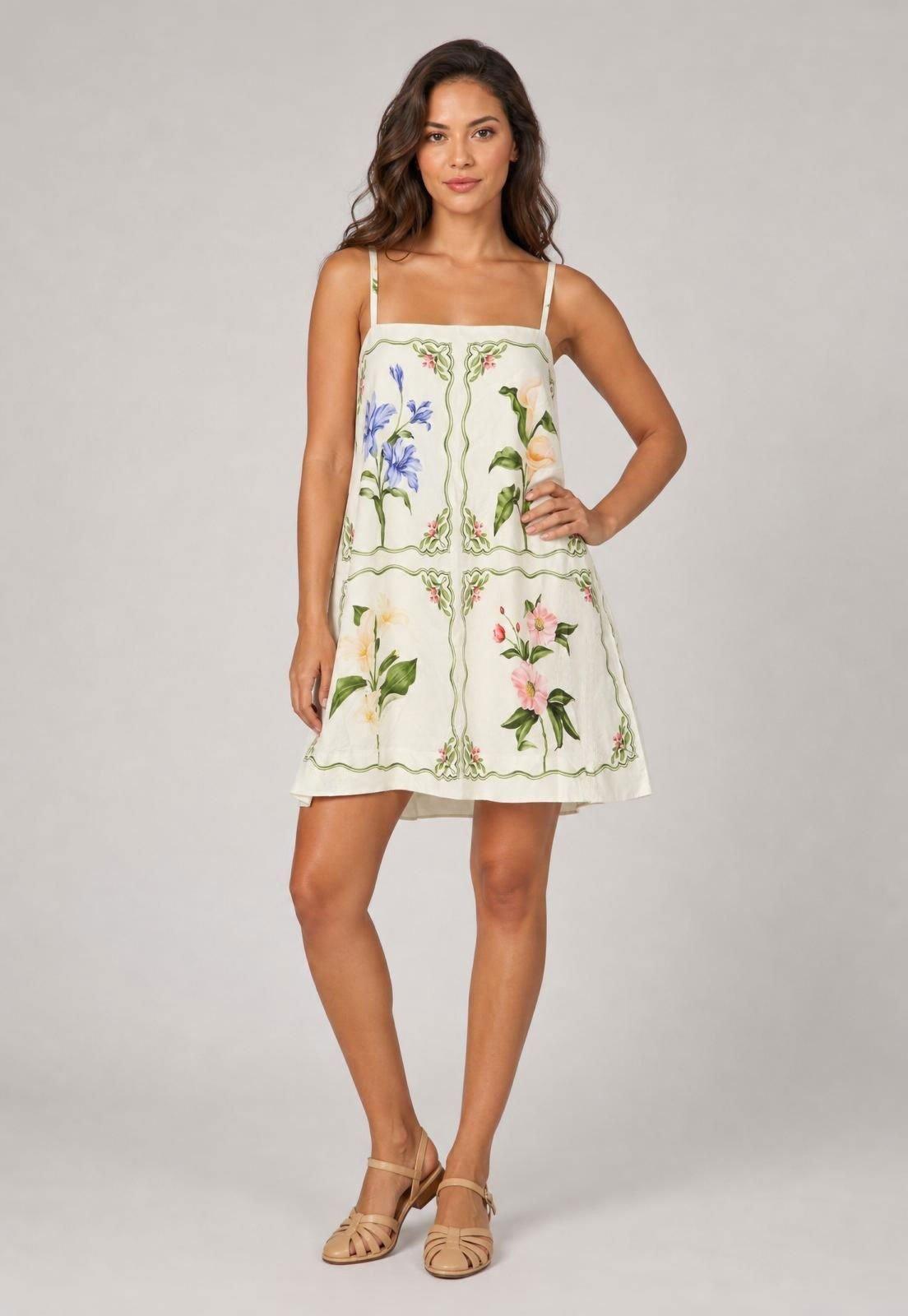 Vestido Feminino FARM Alças Finas Estampa Floral Branco