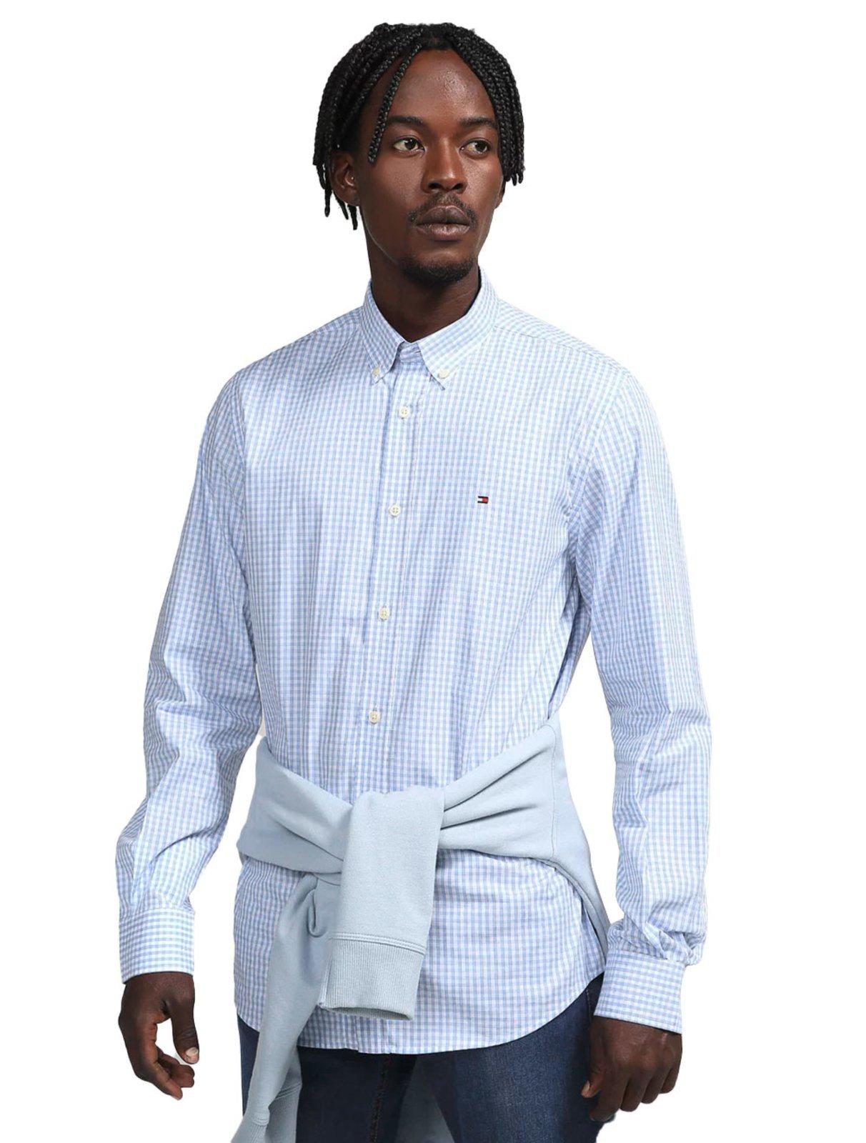 Camisa Tommy Hilfiger Masculina Xadrez Gingham Branca/Azul Claro